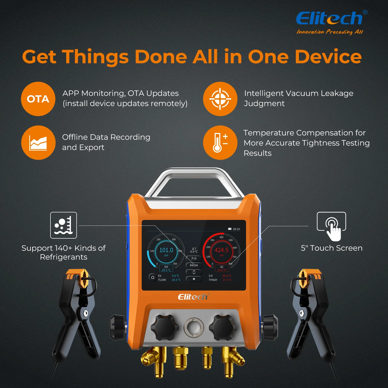 Elitech EMG-40V Intelligent 4 Valves Digital Refrigeration Heat Pump Manifold with 5” Smart Touch Screen - Image 2