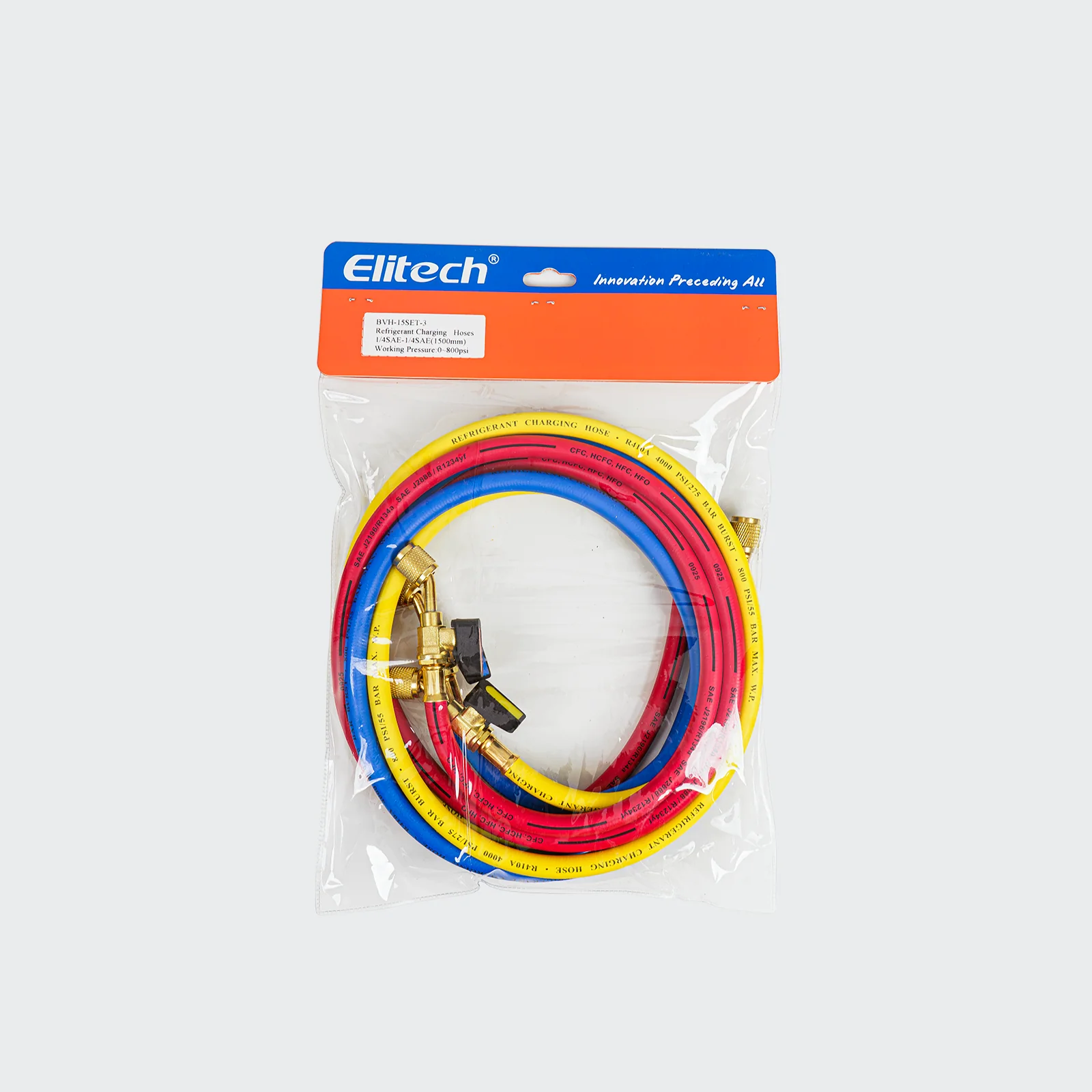 Elitech BVH-15SET-3 1/4" Ball Valve Refrigerant Charging Hoses, 60", 800 PSI, for R134A R410A R22 R12 Refrigerant Systems