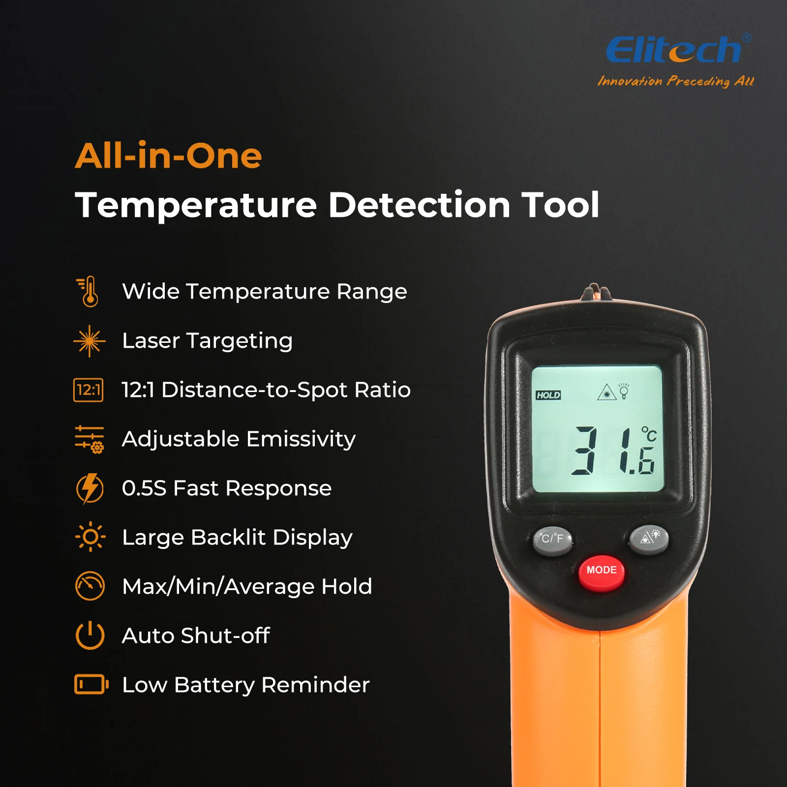 Elitech DIT-220 Infrared Thermometer – High-Precision, Non-Contact Temperature Gun with Laser Targeting, Adjustable Emissivity, and Self-Calibration - Image 2