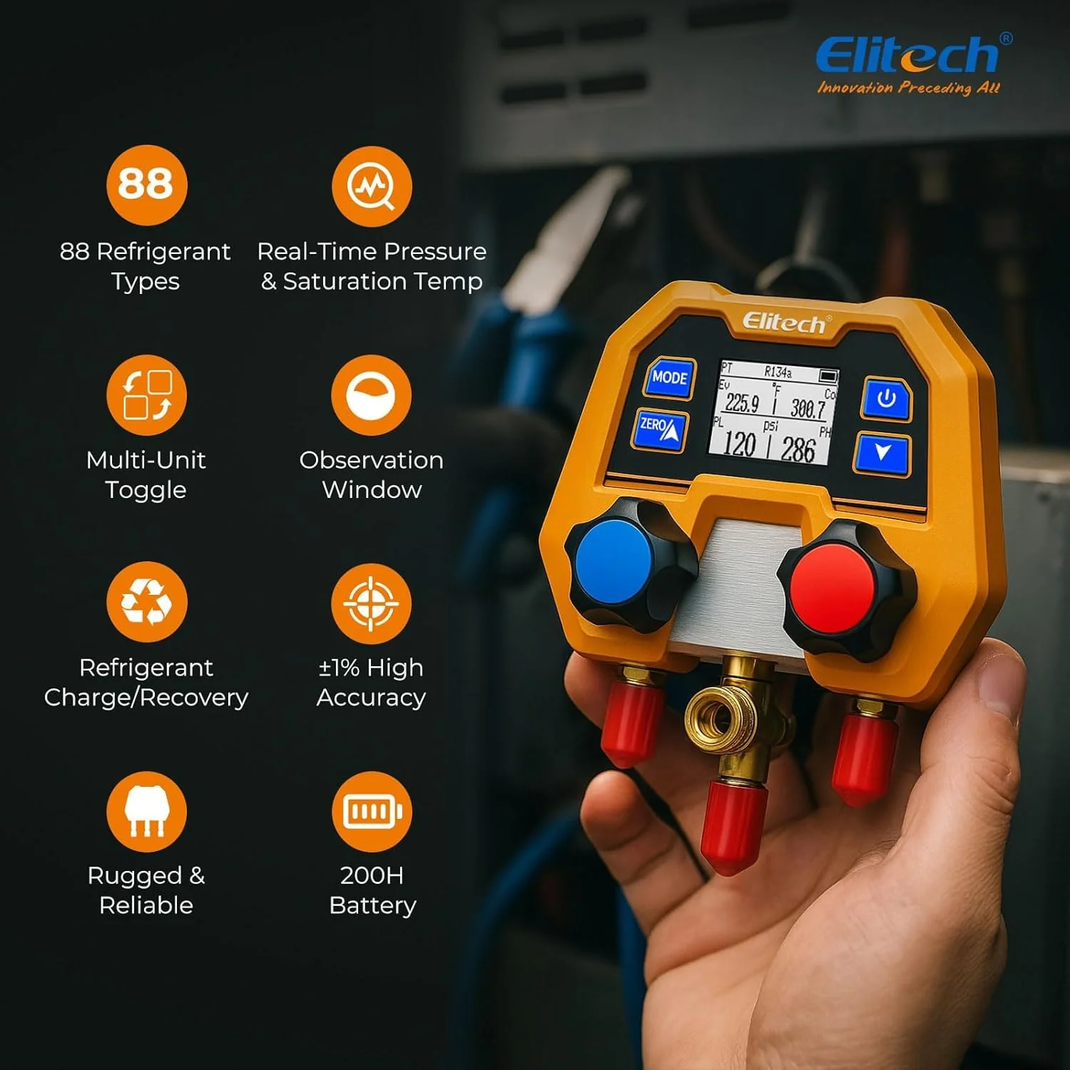 Elitech DMG-2SE Digital Manifold Gauge for HVAC, Refrigeration & AC Systems – Pressure & Temperature Measurement, LCD Display - Image 2