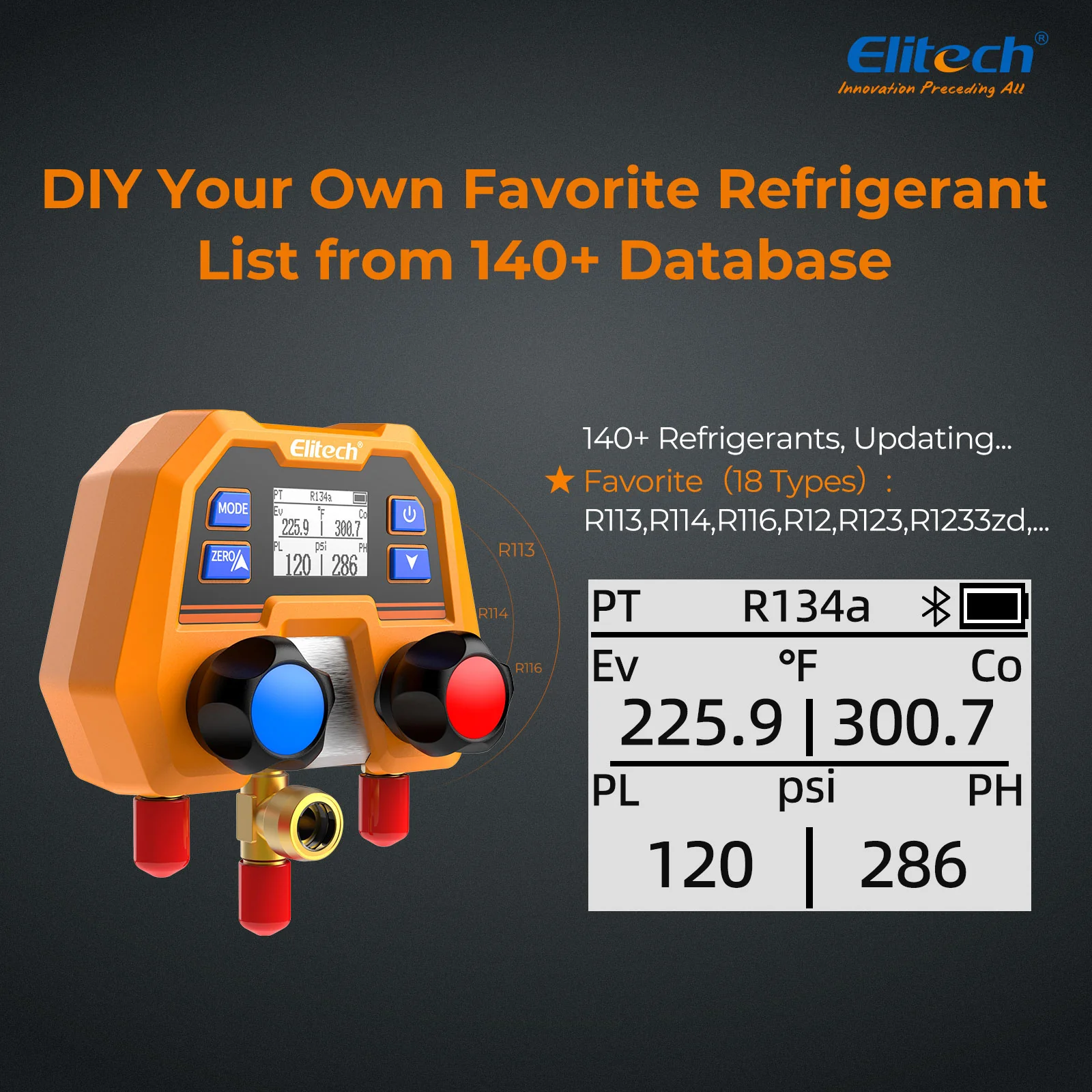 Elitech DMG-2SE-kit Digital Manifold Gauge for HVAC, Refrigeration & AC Systems – Pressure & Temperature Measurement, LCD Display with Hoses - Image 5