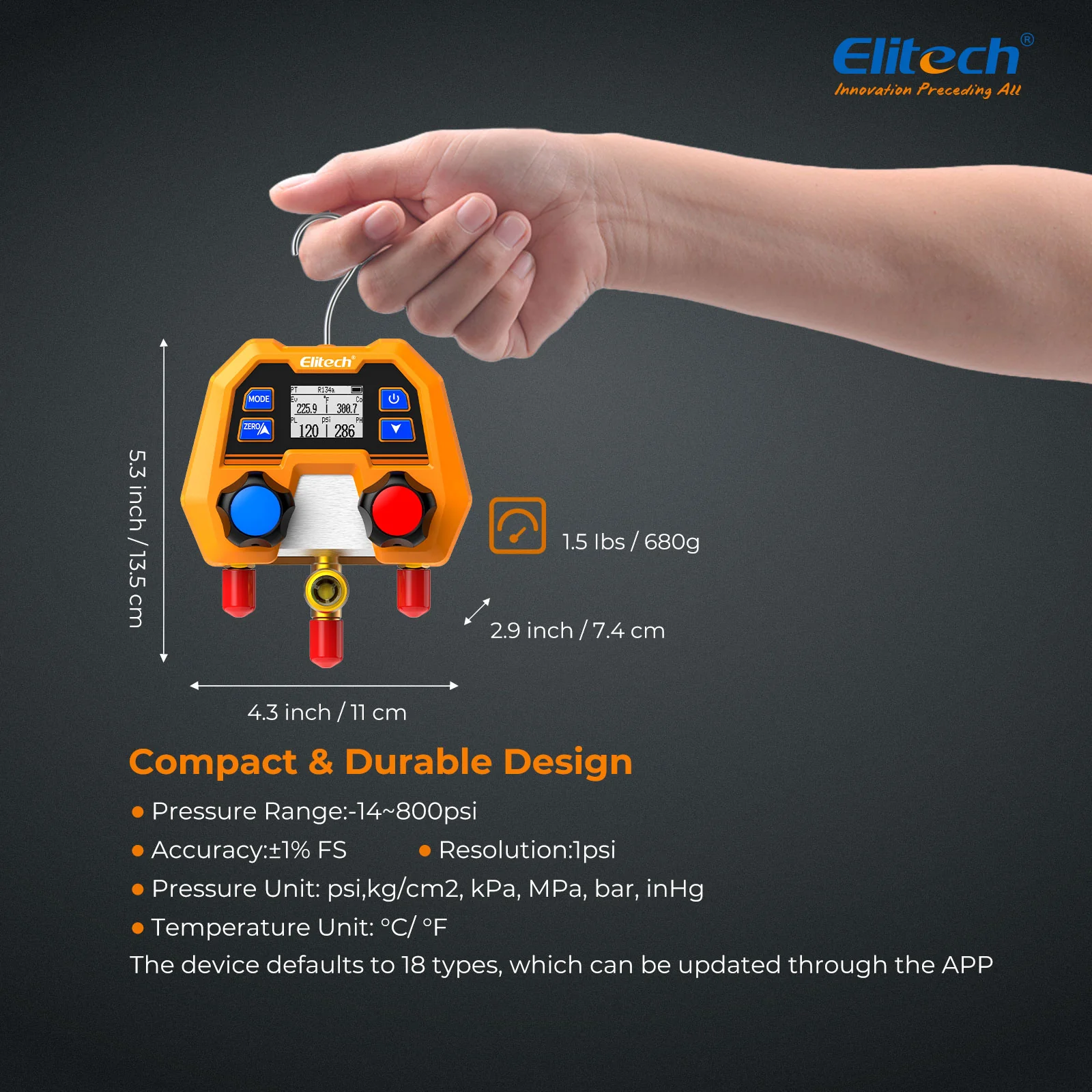Elitech DMG-2SE-kit Digital Manifold Gauge for HVAC, Refrigeration & AC Systems – Pressure & Temperature Measurement, LCD Display with Hoses - Image 6