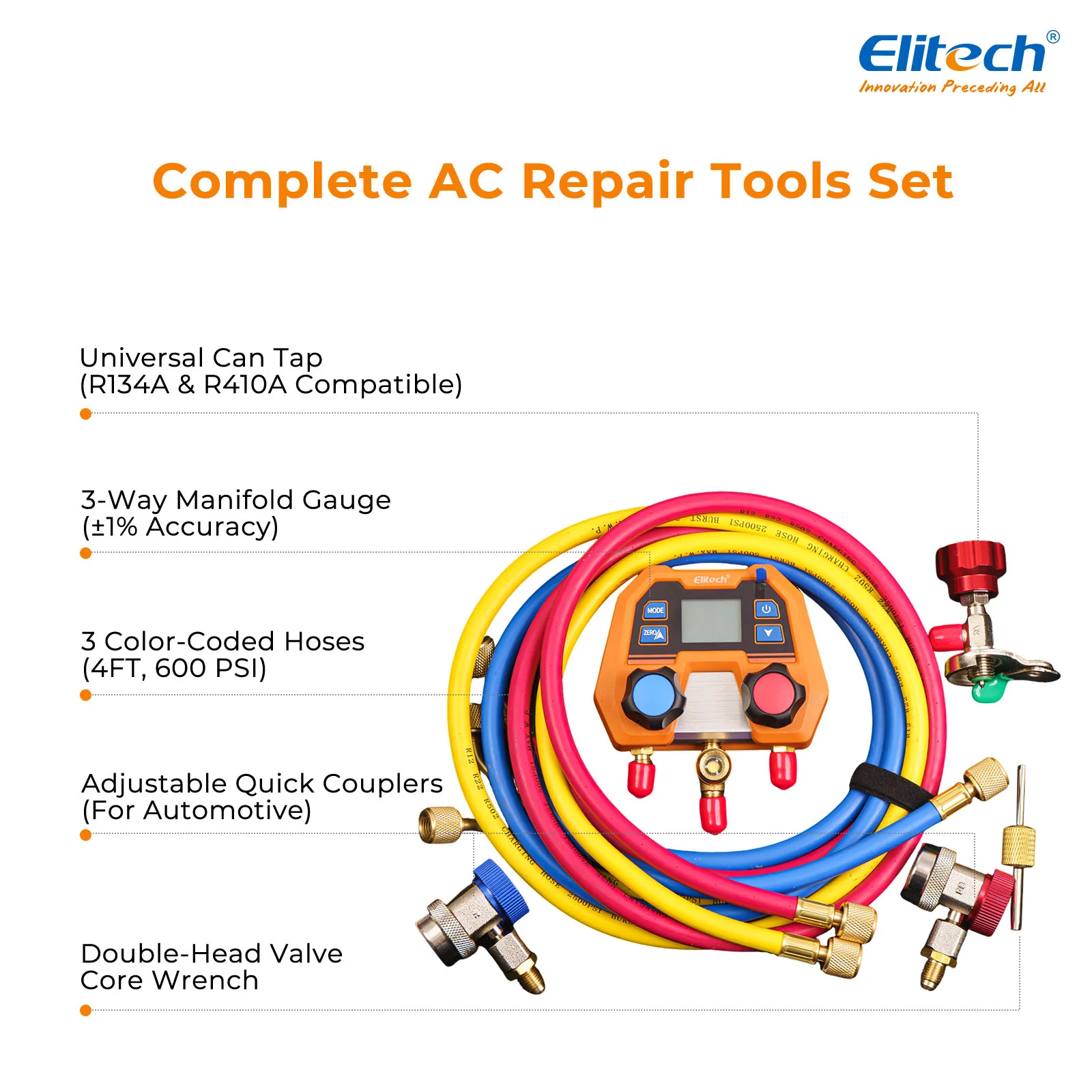 Elitech DMG-2SE-R134a-kit Digital AC Manifold Gauge Set, Automotive HVAC Vacuum Pressure Tester for Car Air Conditioning Repair, Supports R134a R1234yf R410A, 88 Refrigerants, Impact-Resistant Gauge with 2-Way Valve - Image 2