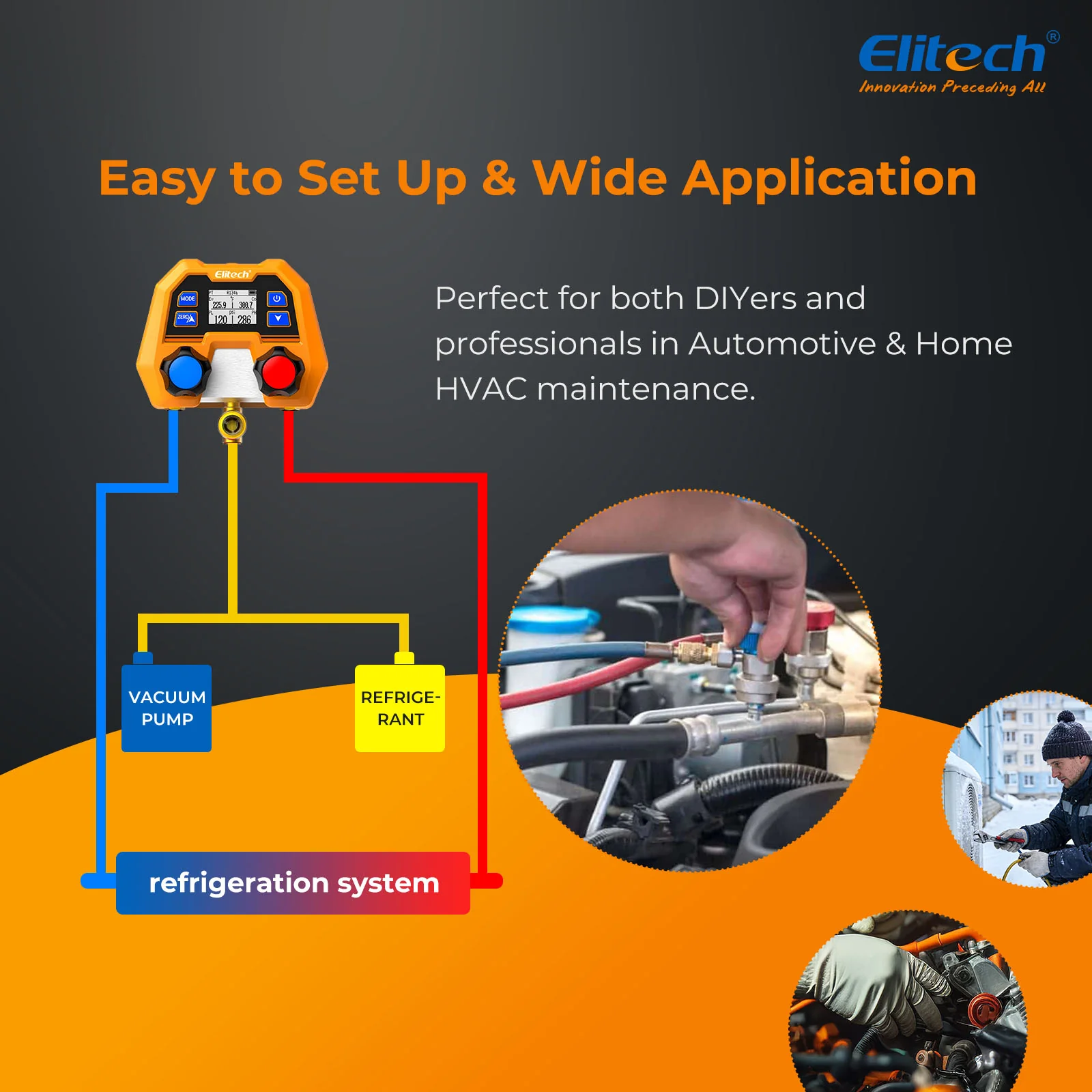 Elitech DMG-2SE-R134a-kit Digital AC Manifold Gauge Set, Automotive HVAC Vacuum Pressure Tester for Car Air Conditioning Repair, Supports R134a R1234yf R410A, 88 Refrigerants, Impact-Resistant Gauge with 2-Way Valve - Image 4