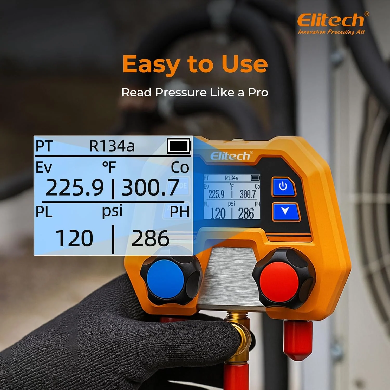 Elitech DMG-2SE-R134a-kit Digital AC Manifold Gauge Set, Automotive HVAC Vacuum Pressure Tester for Car Air Conditioning Repair, Supports R134a R1234yf R410A, 88 Refrigerants, Impact-Resistant Gauge with 2-Way Valve - Image 5