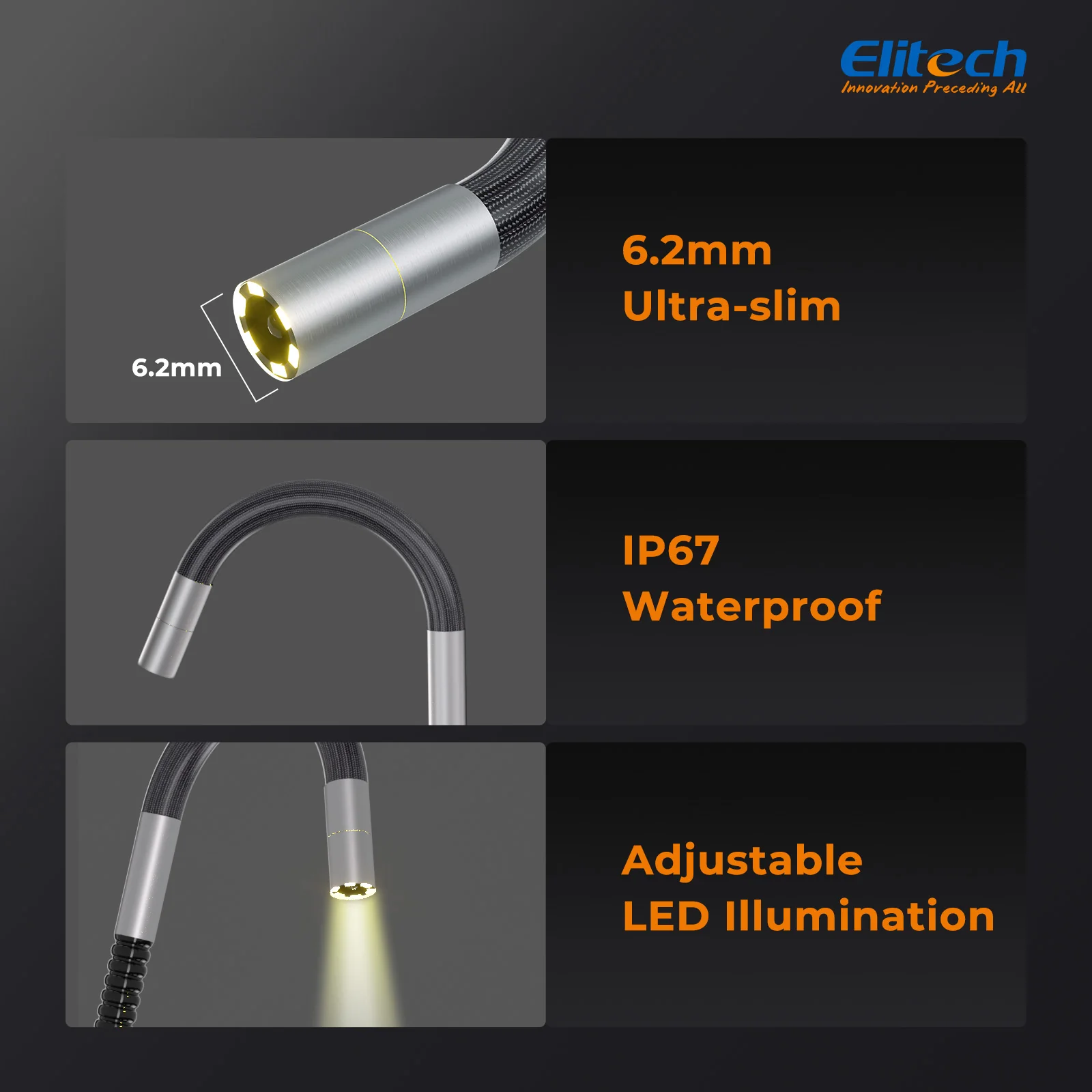 Elitech ELS240 Articulating Borescope Inspection Camera, Two-Way 180° Steering Endoscope with 4.3" IPS Screen, 6.2mm IP67 Waterproof Probe, 720P HD Industrial Scope for Automotive Mechanics - 1m - Image 3