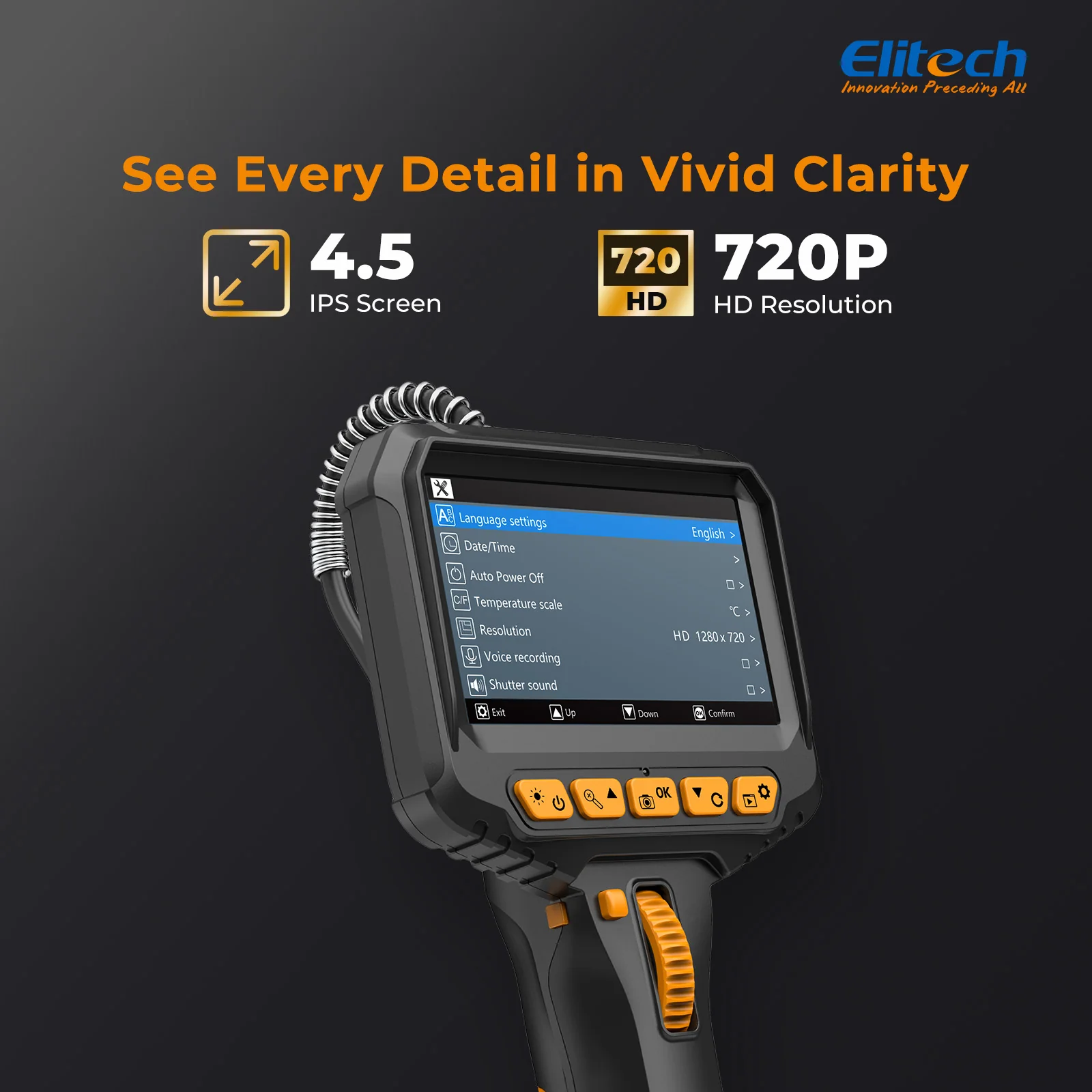 Elitech ELS240 Articulating Borescope Inspection Camera, Two-Way 180° Steering Endoscope with 4.3" IPS Screen, 6.2mm IP67 Waterproof Probe, 720P HD Industrial Scope for Automotive Mechanics - 1m - Image 4
