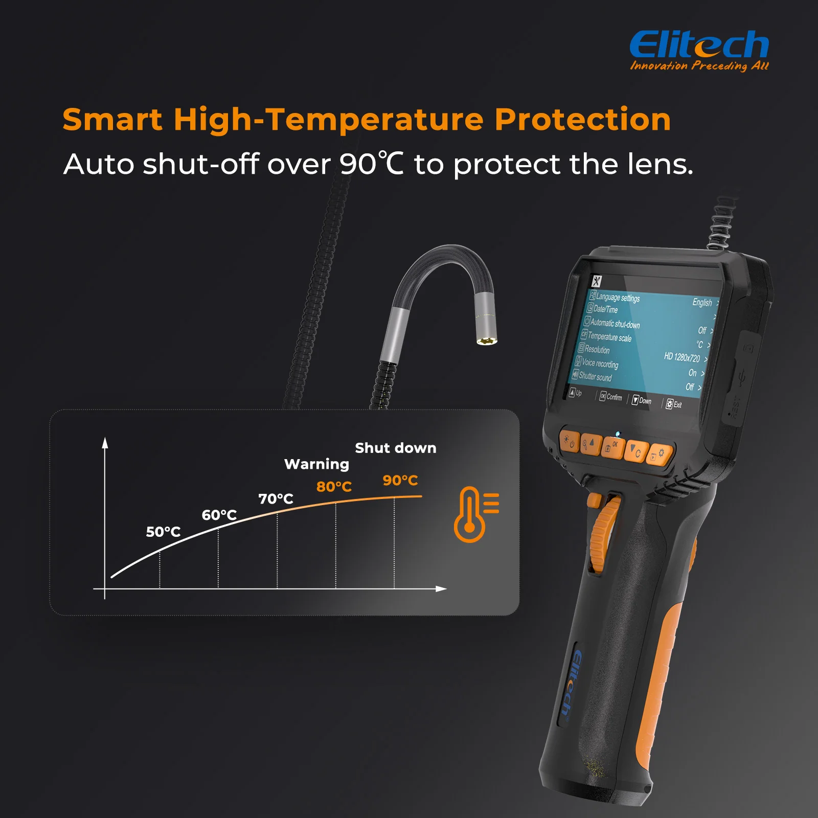 Elitech ELS240 Articulating Borescope Inspection Camera, Two-Way 180° Steering Endoscope with 4.3" IPS Screen, 6.2mm IP67 Waterproof Probe, 720P HD Industrial Scope for Automotive Mechanics - 1m - Image 5