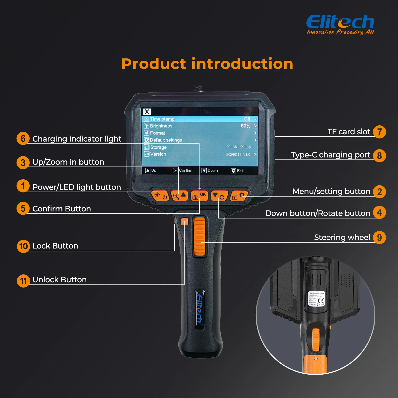 Elitech ELS240 Articulating Borescope Inspection Camera, Two-Way 180° Steering Endoscope with 4.3" IPS Screen, 6.2mm IP67 Waterproof Probe, 720P HD Industrial Scope for Automotive Mechanics - 1m - Image 6