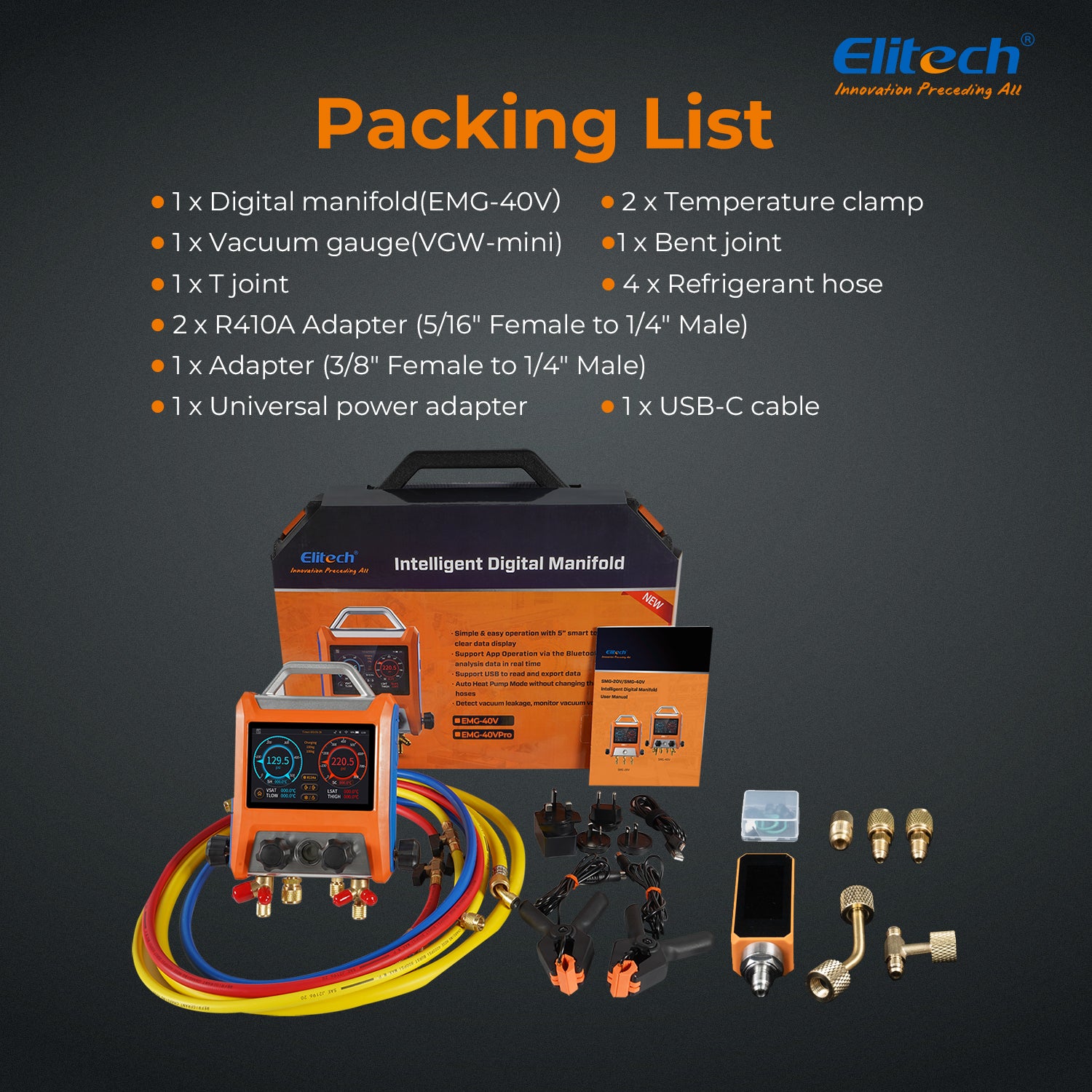 Elitech EMG-40VPro Digital 4 Valve Manifold Gauge HVAC with Refrigerant Hoses, Vacuum Gauge Micron Gauge, Temperature Clamps, OTA Upgrade, Wireless APP Control - Image 2