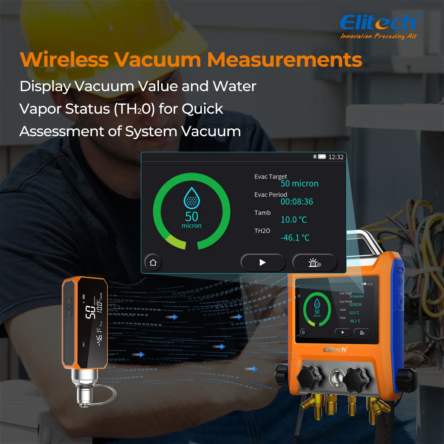 Elitech EMG-40VPro Digital 4 Valve Manifold Gauge HVAC with Refrigerant Hoses, Vacuum Gauge Micron Gauge, Temperature Clamps, OTA Upgrade, Wireless APP Control - Image 3
