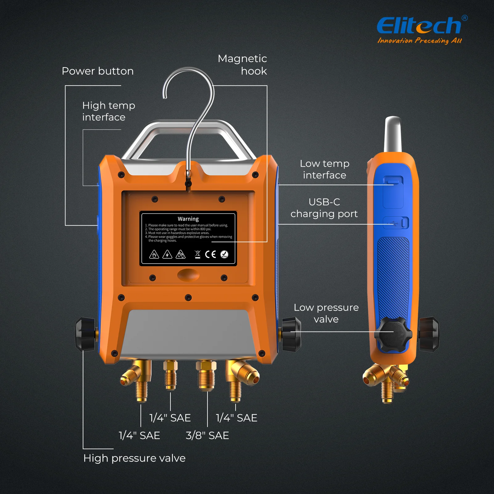 Elitech EMG-40VPro Digital 4 Valve Manifold Gauge HVAC with Refrigerant Hoses, Vacuum Gauge Micron Gauge, Temperature Clamps, OTA Upgrade, Wireless APP Control - Image 8