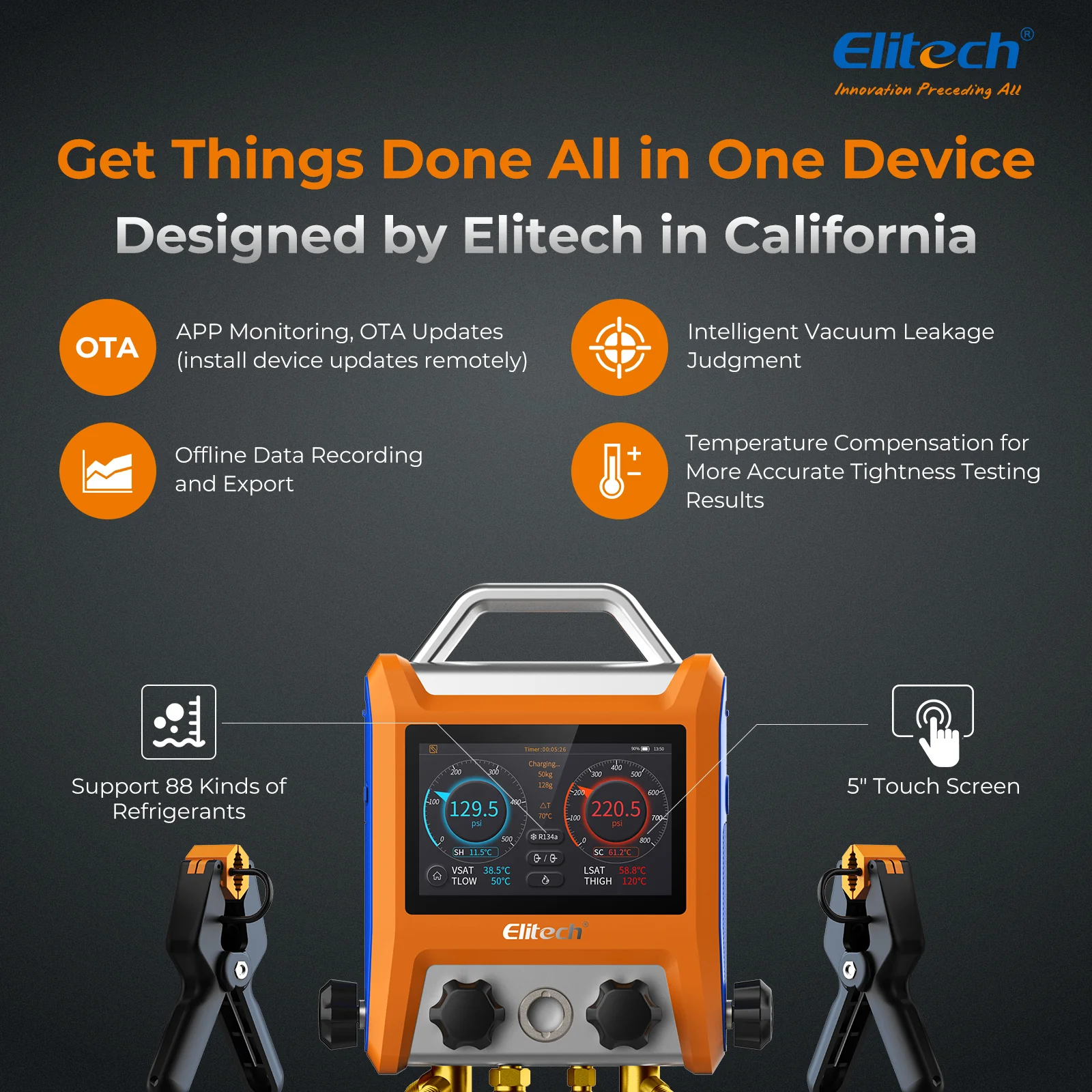 Elitech EMG-40VPro Digital 4 Valve Manifold Gauge HVAC with Refrigerant Hoses, Vacuum Gauge Micron Gauge, Temperature Clamps, OTA Upgrade, Wireless APP Control - Image 9