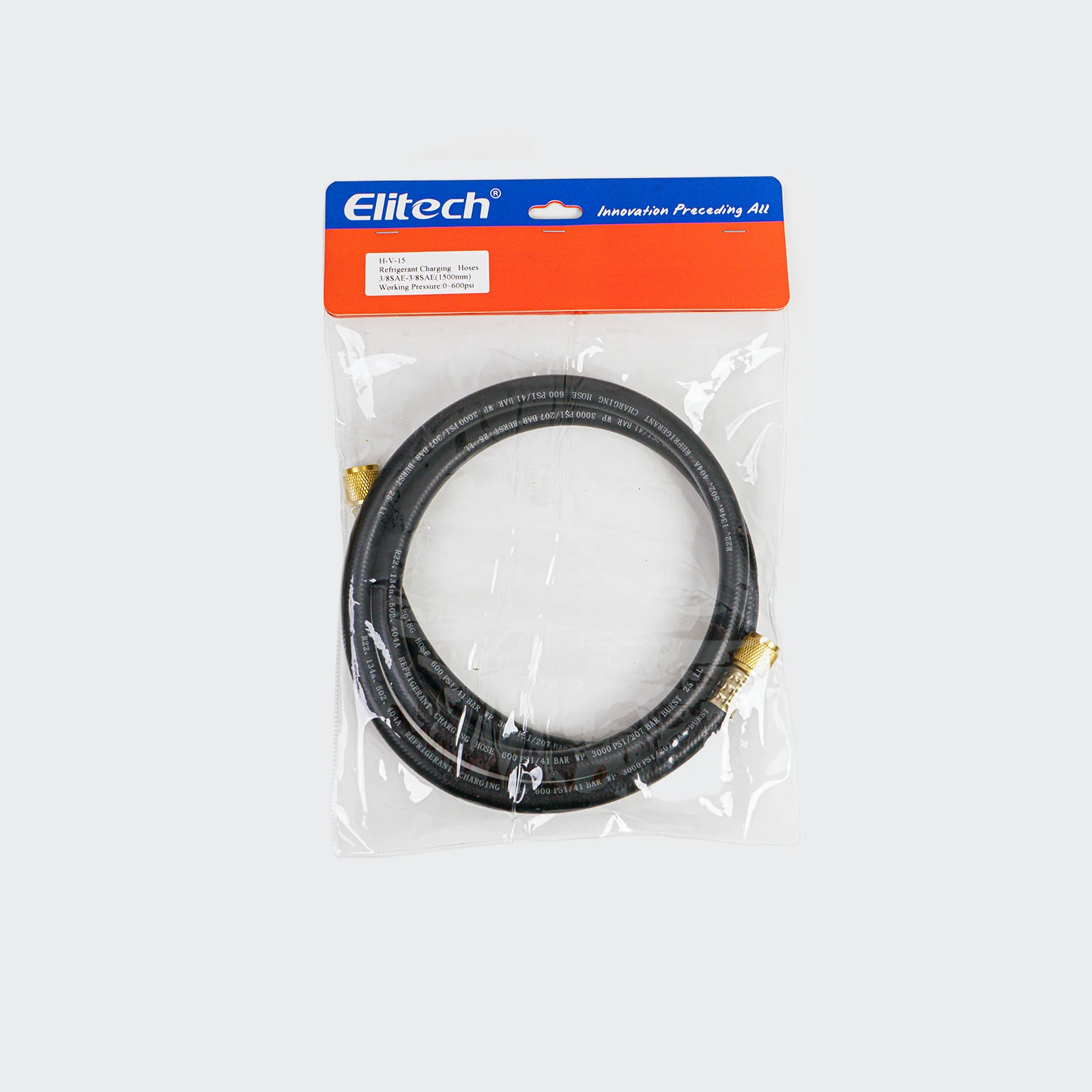 Elitech H-V15 HVAC Vacuum Hose, Fittings 3/8" x 3/8", Heavy Duty Charging Vacuum Hose, Working Pressure: 600 (Psi), Burst Pressure: 3000 (Psi), 5 Ft, Black, For R134A, R404A, R22 and Common Refrigerants