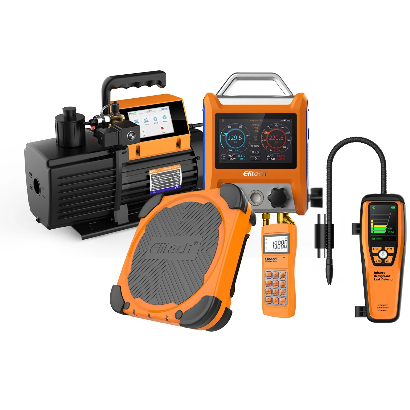 Elitech HVAC Tools Set C - ILD-300 Refrigerant Leak Detector & LMC-310A Refrigerant Scale & EMG-40V Digital Manifold Gauge & V1200 Intelligent Vacuum Pump
