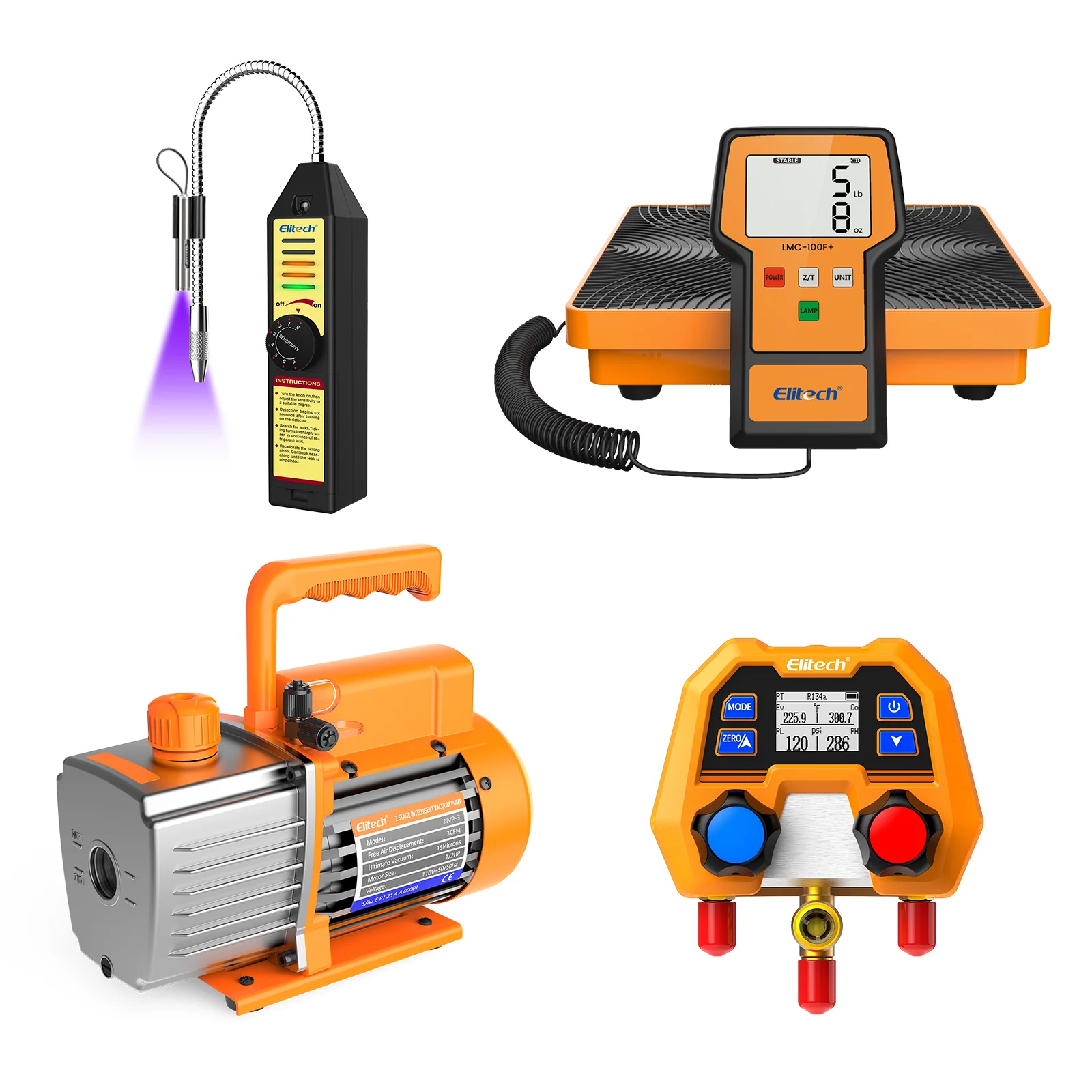 Elitech HVAC Tools Set D&E - WJL-6000S Refrigerant Leak Detector & LMC-100F+ Refrigerant Scale & DMG-2SE-kit Digital Manifold Gauge & NVP-3/NVP-5 Vacuum Pump