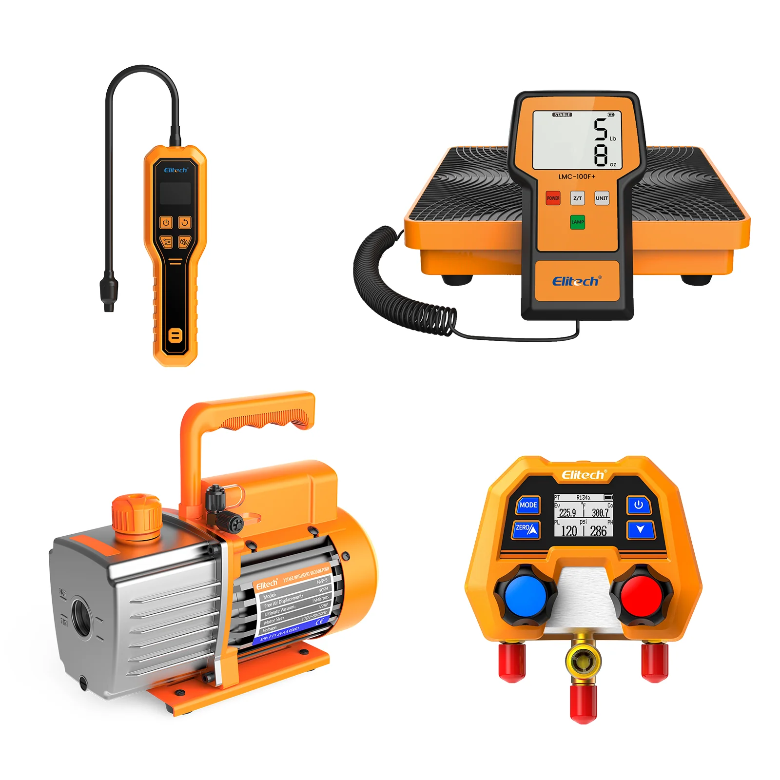 Elitech HVAC Tools Set F - ELD-210 Refrigerant Leak Detector & LMC-100F+ Refrigerant Scale & DMG-2SE-kit Digital Manifold Gauge & NVP-5 Vacuum Pump