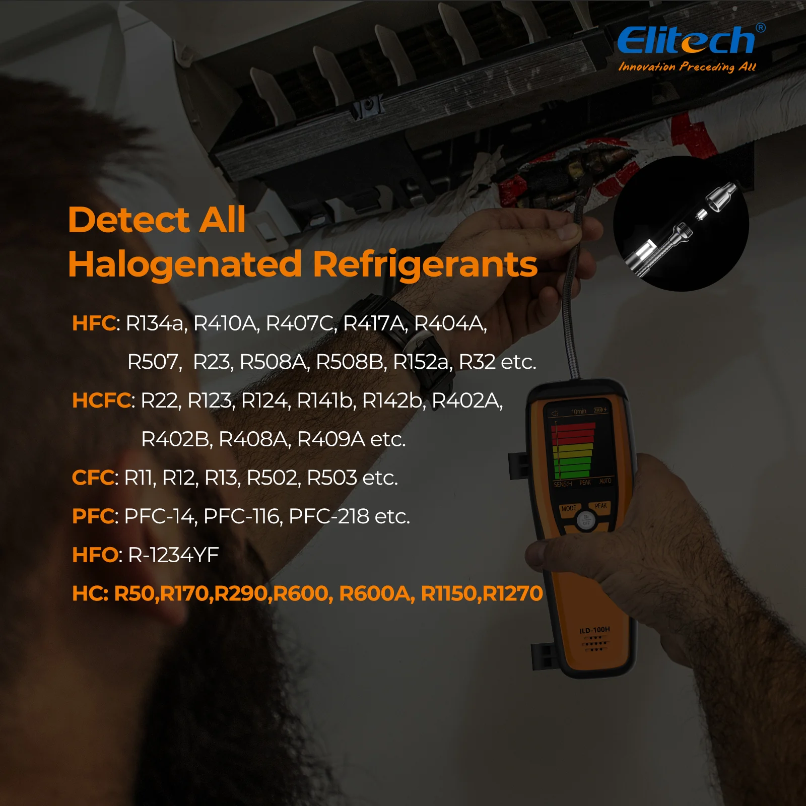 Elitech ILD-100H Portable Heated Diode Refrigerant Leak Detector - High-Sensitivity Halogen Refrigerant Leakage Detection Tool for HVAC & Automotive A/C, Quick Leak Location, Sound + Graphic Alerts - Image 4