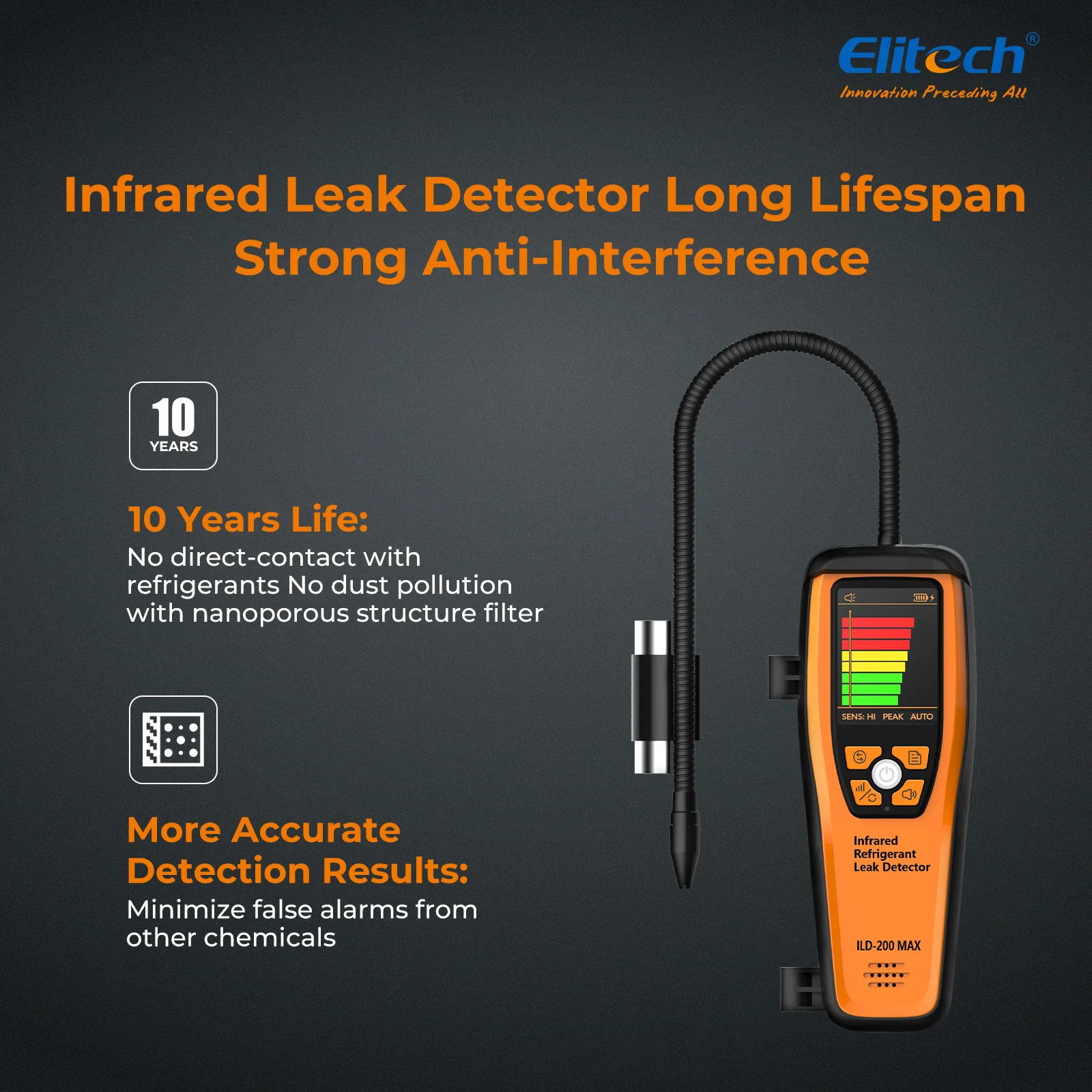 Elitech ILD-200 MAX Infrared Refrigerant Leak Detector High-Precision HVAC/R Leak Detection, 10-Year Sensor Lifetime, 1g/a Ultra-Low Detection, 4 Sensitivity Levels, Rechargeable Battery, TFT Display & Sound Alarm - Image 3