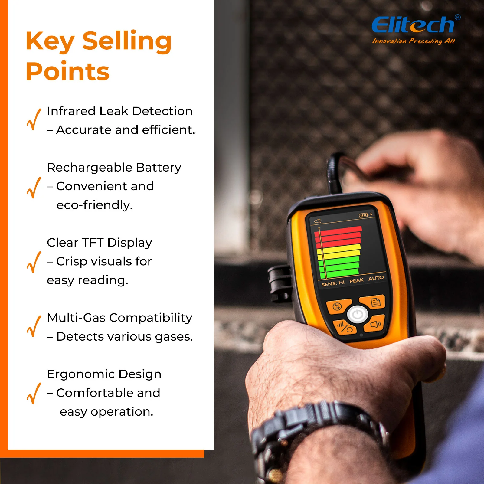 Elitech ILD-200 MAX Infrared Refrigerant Leak Detector High-Precision HVAC/R Leak Detection, 10-Year Sensor Lifetime, 1g/a Ultra-Low Detection, 4 Sensitivity Levels, Rechargeable Battery, TFT Display & Sound Alarm - Image 5