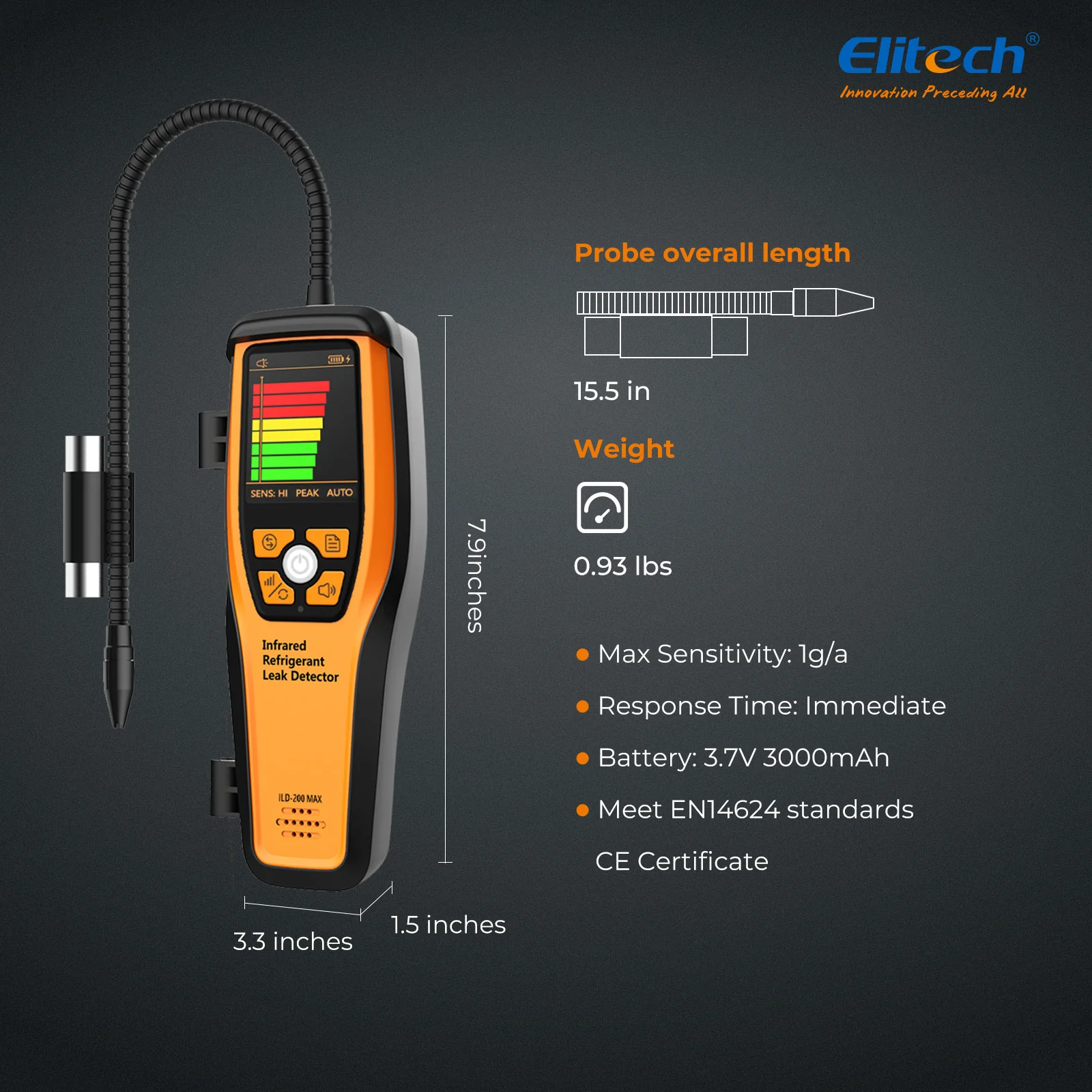 Elitech ILD-200 MAX Infrared Refrigerant Leak Detector High-Precision HVAC/R Leak Detection, 10-Year Sensor Lifetime, 1g/a Ultra-Low Detection, 4 Sensitivity Levels, Rechargeable Battery, TFT Display & Sound Alarm - Image 6