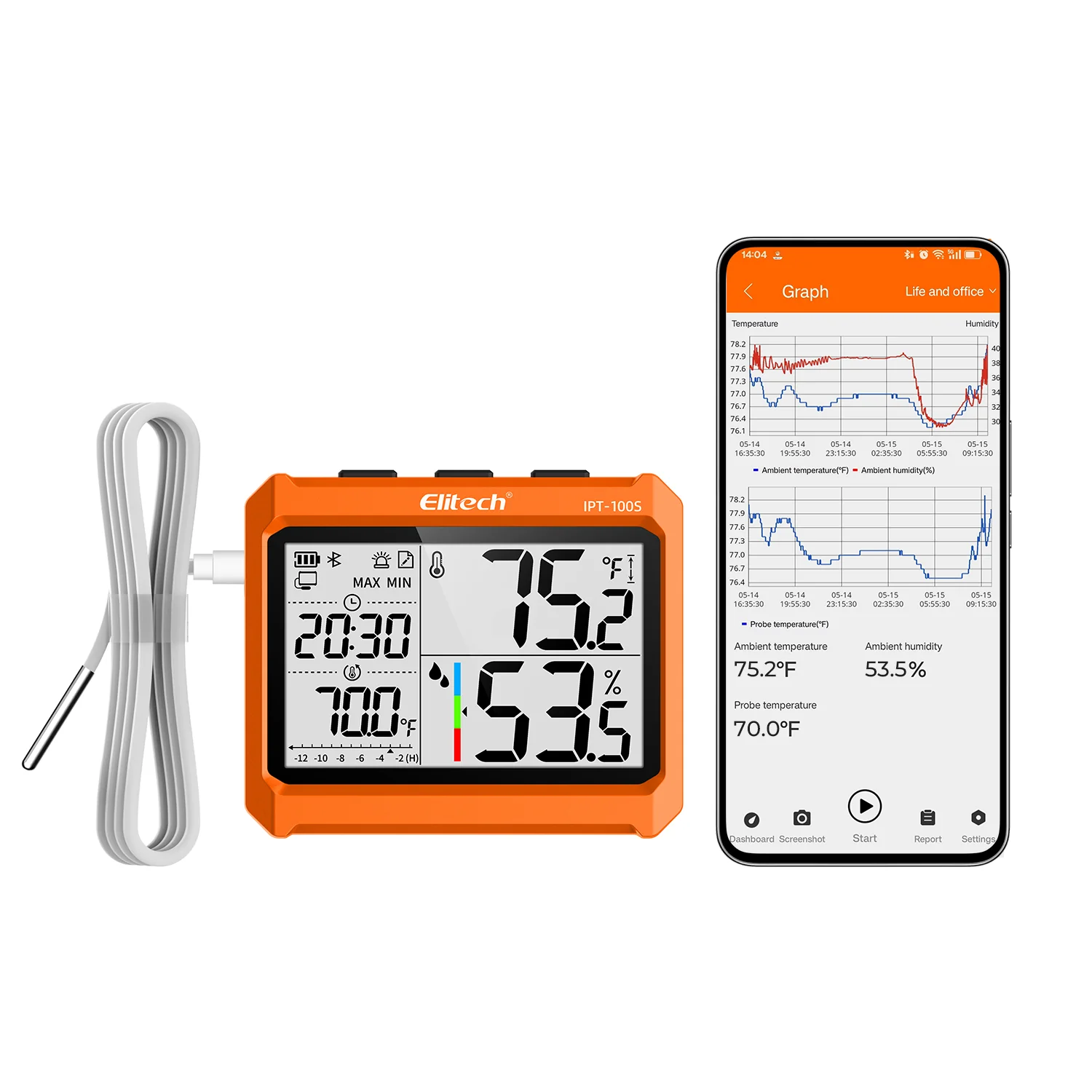 Elitech IPT-100S Digital Thermometer Hygrometer, Refrigerator Thermometer with External Temperature Probe, Free Data Storage Export, 5000 Points
