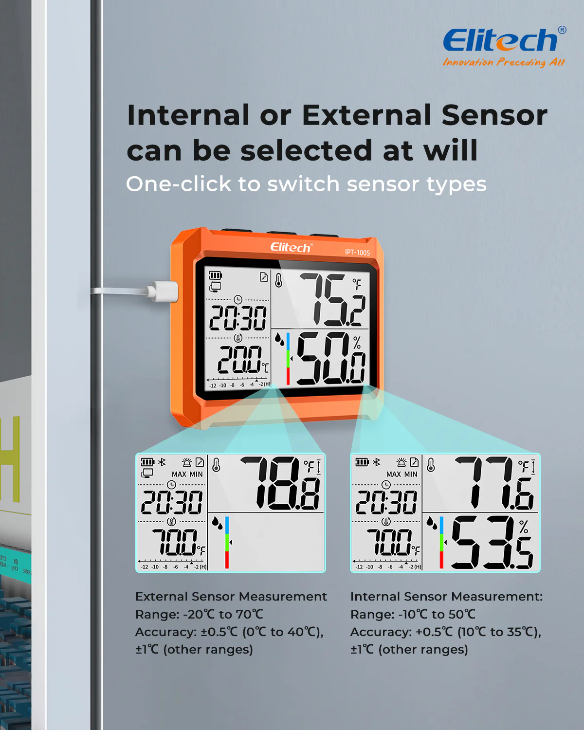 Elitech IPT-100S Digital Thermometer Hygrometer, Refrigerator Thermometer with External Temperature Probe, Free Data Storage Export, 5000 Points - Image 2