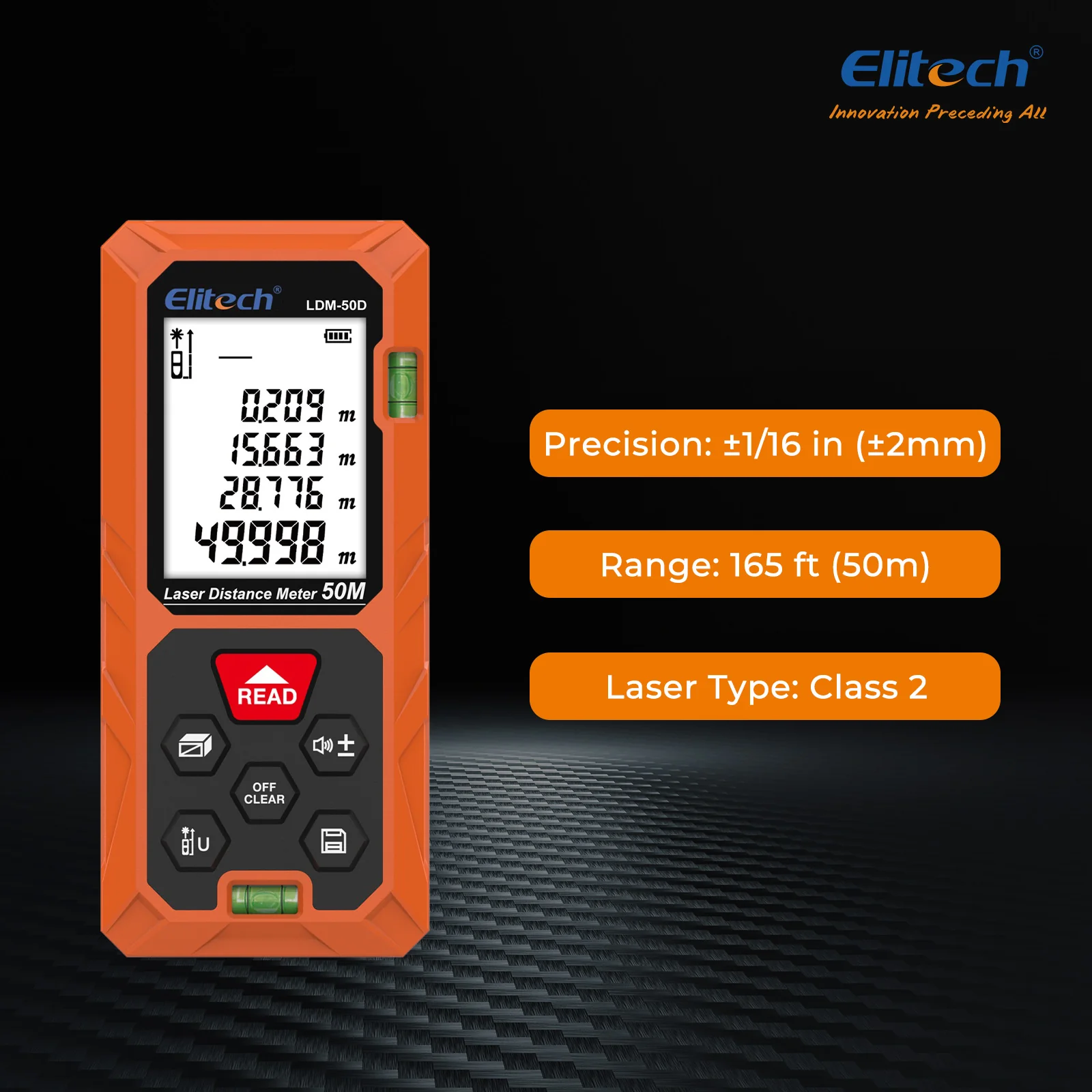 Elitech LDM-50D Laser Distance Meter 165ft, Digital Measure Tool with Area/Volume/Pythagoras Mode, Backlit LCD, 99 Data Records, ±2mm Accuracy, Ft/In/M Unit Switch, Ideal for Home DIY & Interior Design - Image 2