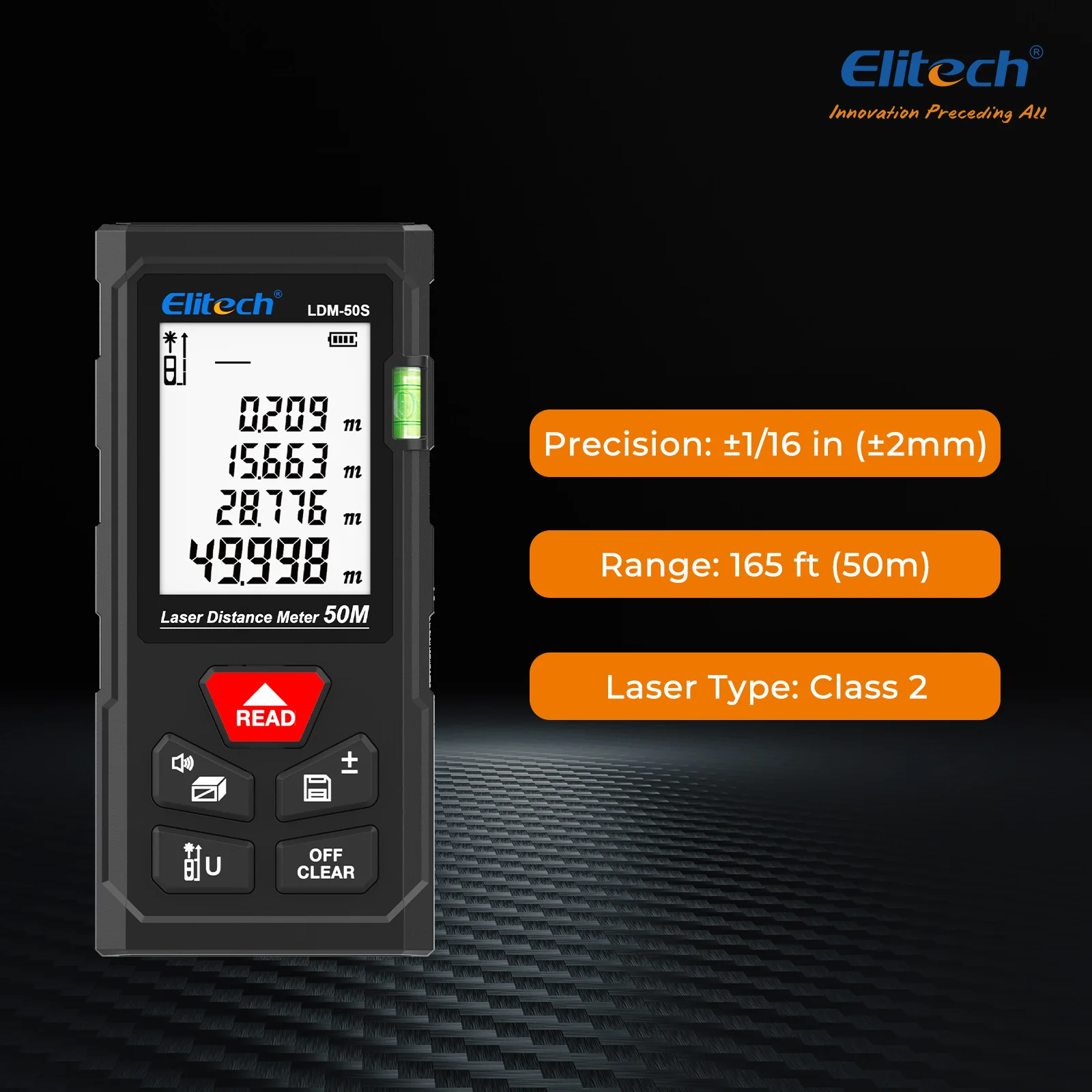 Elitech LDM-50S Laser Distance Meter, 165ft Digital Measure Tool ±2mm Accuracy, Area/Volume/Pythagoras Modes, Backlit LCD, 99 Records, Unit Switch – for Home & DIY - Image 2