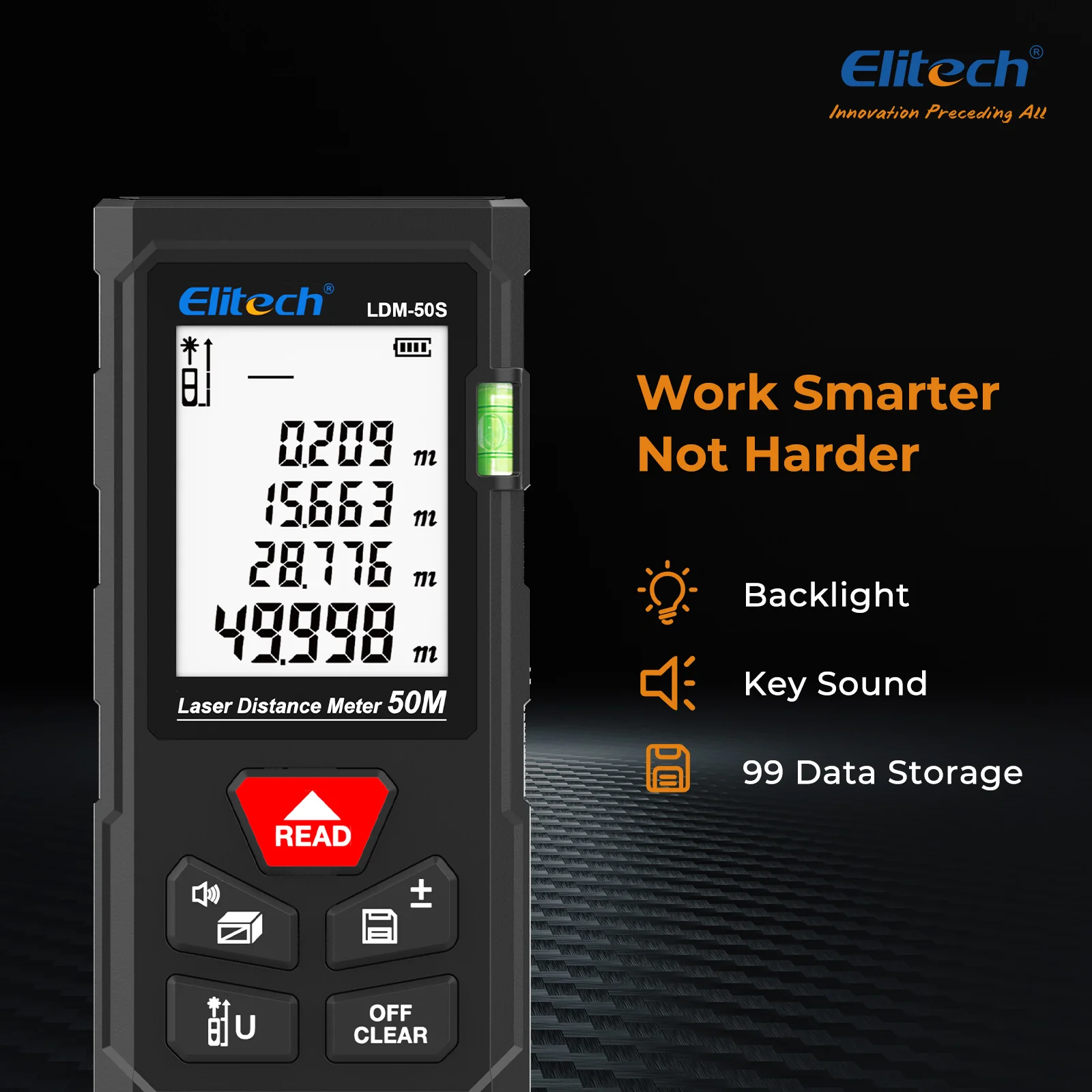 Elitech LDM-50S Laser Distance Meter, 165ft Digital Measure Tool ±2mm Accuracy, Area/Volume/Pythagoras Modes, Backlit LCD, 99 Records, Unit Switch – for Home & DIY - Image 4