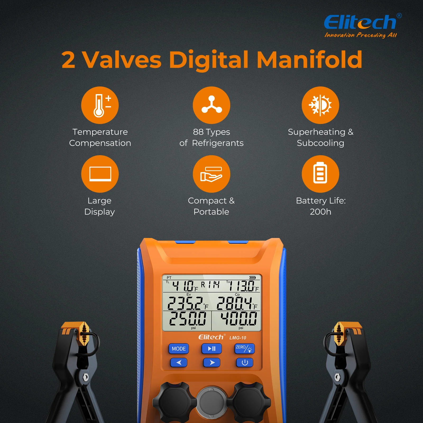 Elitech LMG-10 Refrigeration Heat Pump Digital Manifold Gauge Set, High-Precision Pressure Temperature Vacuum Leakage Tester Dignostic Meter Kit - Image 6