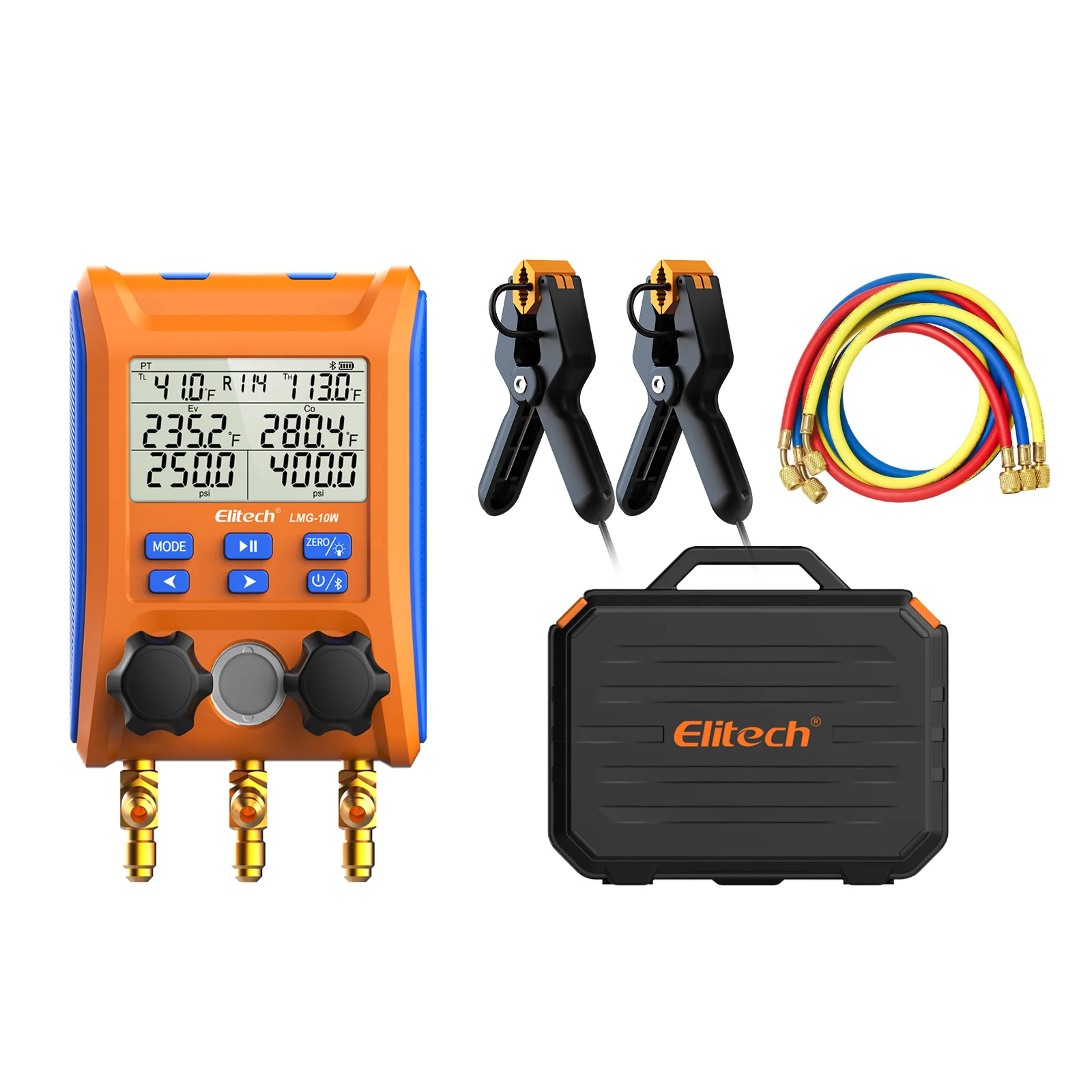 Elitech LMG-10W Refrigeration Heat Pump Digital Manifold Gauge Set 2-Way Valve AC Gauges App Control with Temperature Clamps
