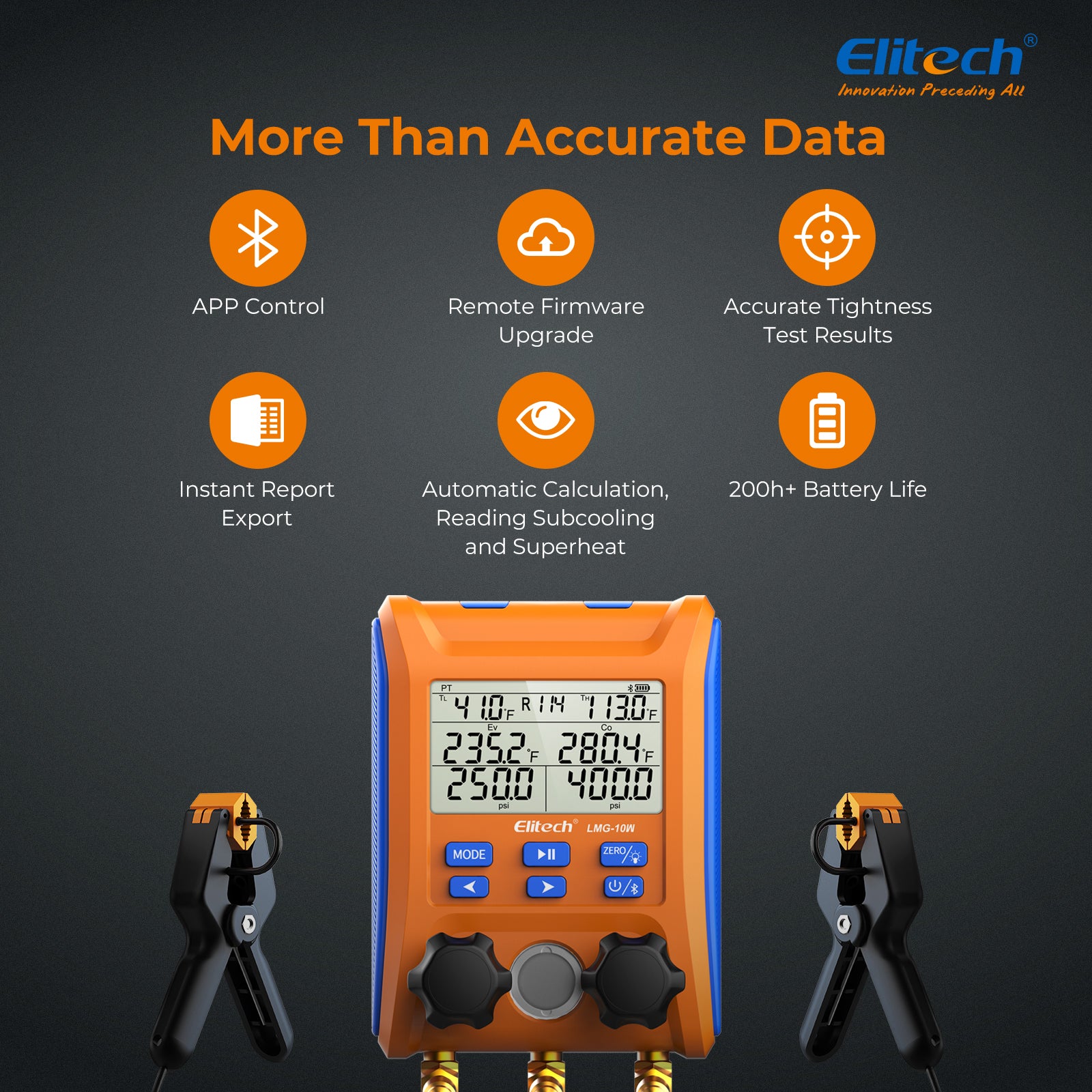 Elitech LMG-10W Refrigeration Heat Pump Digital Manifold Gauge Set 2-Way Valve AC Gauges App Control with Temperature Clamps - Image 2