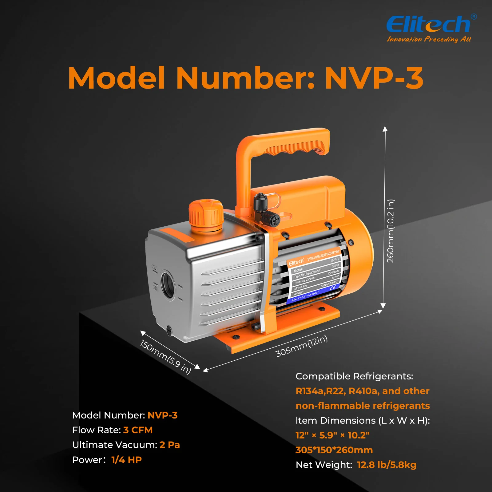 Elitech NVP-3 HVAC 220V Vacuum Pump 3CFM 1.5L/S 1/4HP Single Stage Rotary Vane Air Vacuum Pump for HVAC and Refrigeration Systems,  Durable and Easy to Maintain - Image 3