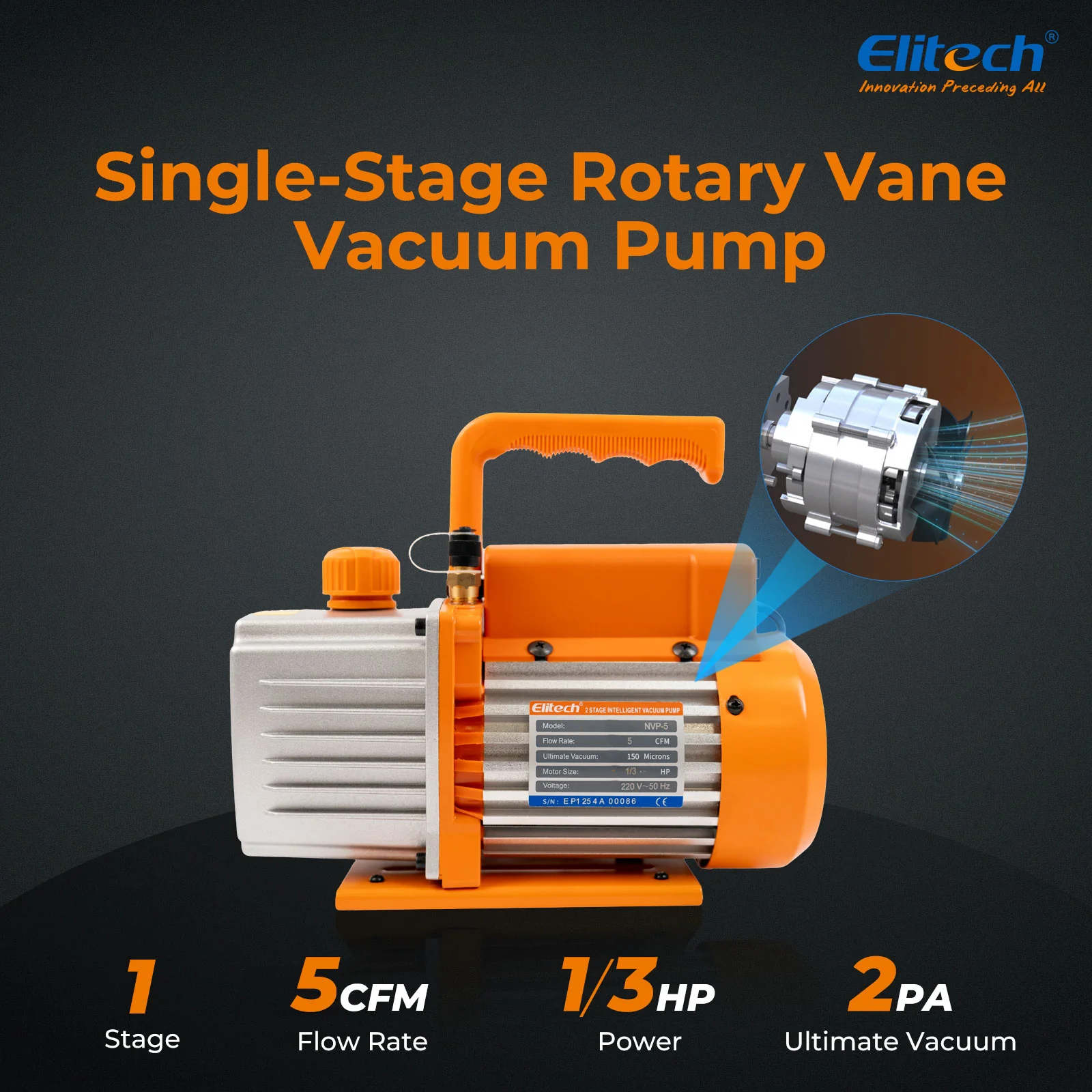 Elitech NVP-5 HVAC 220V Vacuum Pump 5CFM 2L/S 1/3HP Single Stage Rotary Vane Air Vacuum Pump for HVAC and Refrigeration Systems,  Durable and Easy to Maintain - Image 2