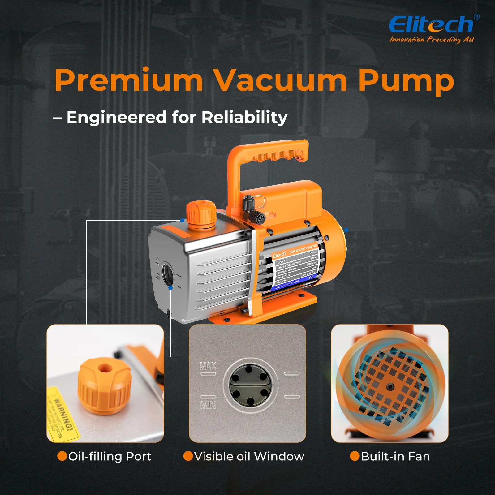 Elitech NVP-5 HVAC 220V Vacuum Pump 5CFM 2L/S 1/3HP Single Stage Rotary Vane Air Vacuum Pump for HVAC and Refrigeration Systems,  Durable and Easy to Maintain - Image 4