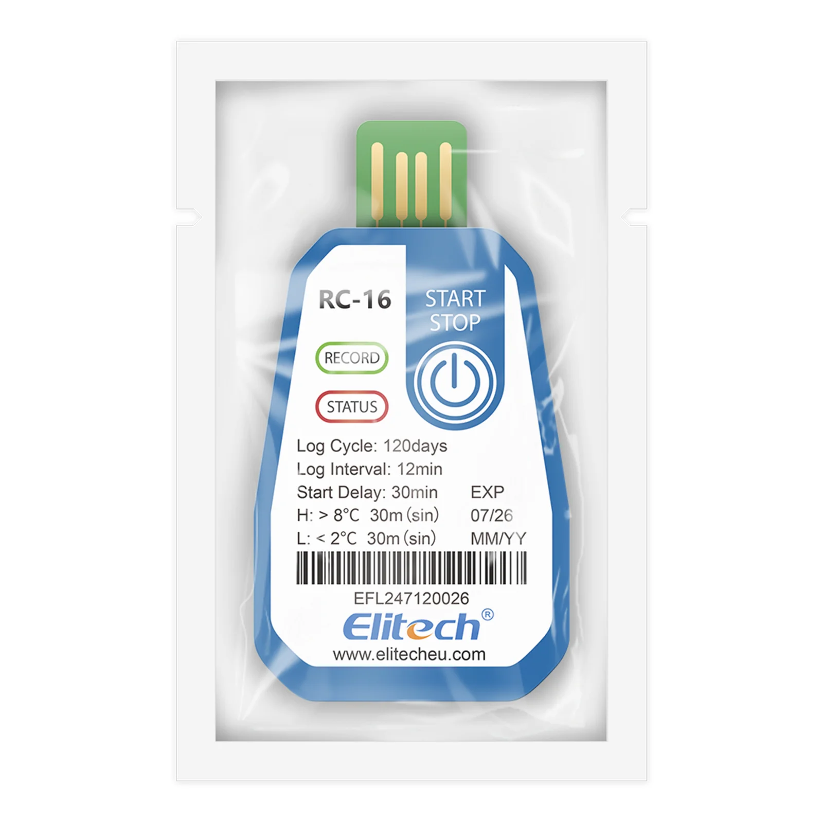 Elitech RC-16 Temperature Data Logger USB Disposable Temperature Recorder with 16000 Points, Auto PDF CSV Reports High Accuracy 120days Single Use for Frozen Transportation Cold Chain Fresh