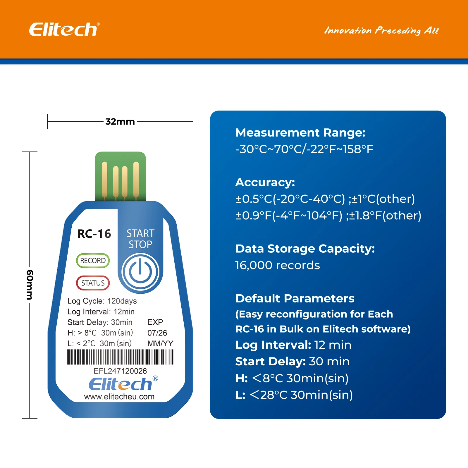 Elitech RC-16 Temperature Data Logger USB Disposable Temperature Recorder with 16000 Points, Auto PDF CSV Reports High Accuracy 120days Single Use for Frozen Transportation Cold Chain Fresh - Image 5