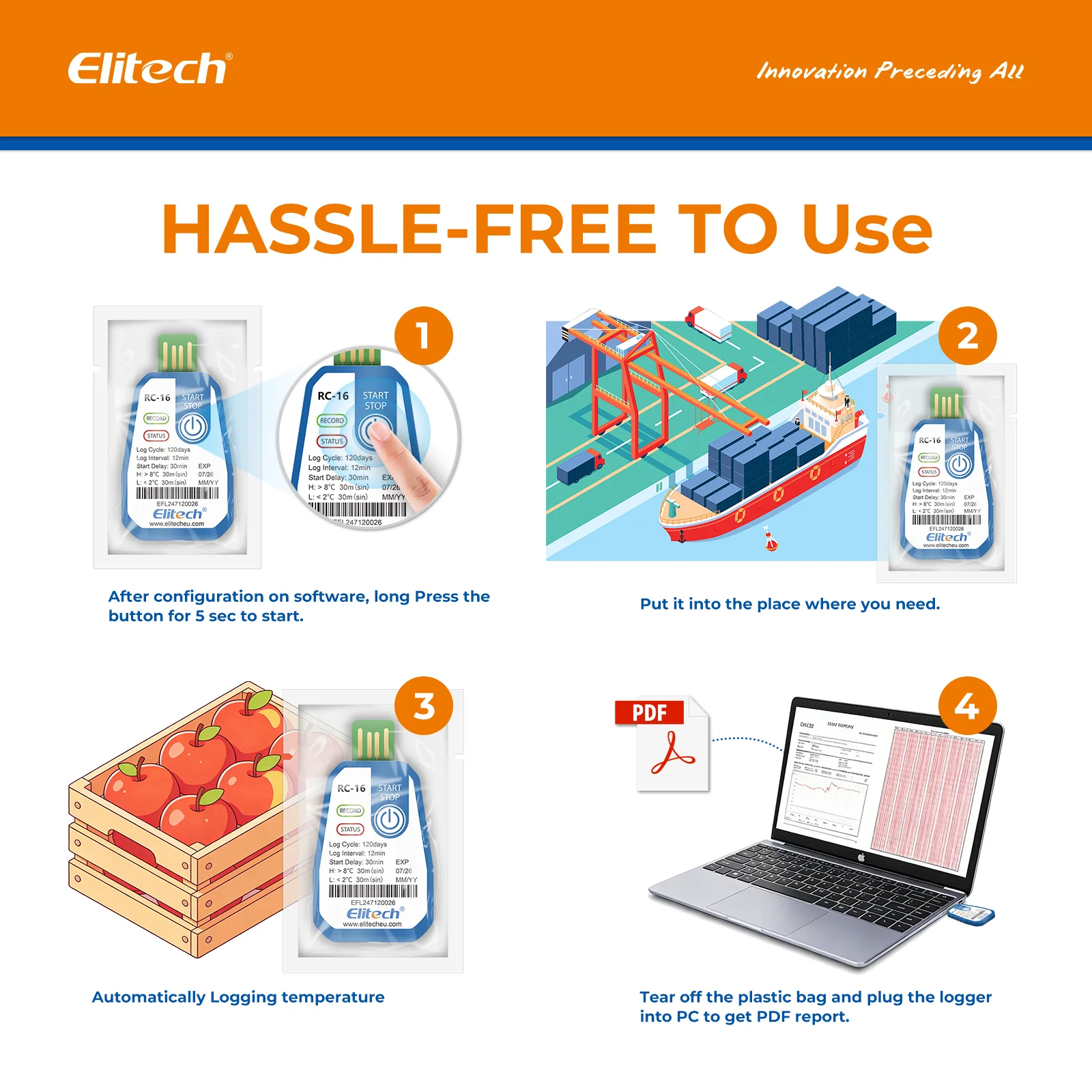 Elitech RC-16 Temperature Data Logger USB Disposable Temperature Recorder with 16000 Points, Auto PDF CSV Reports High Accuracy 120days Single Use for Frozen Transportation Cold Chain Fresh - Image 7