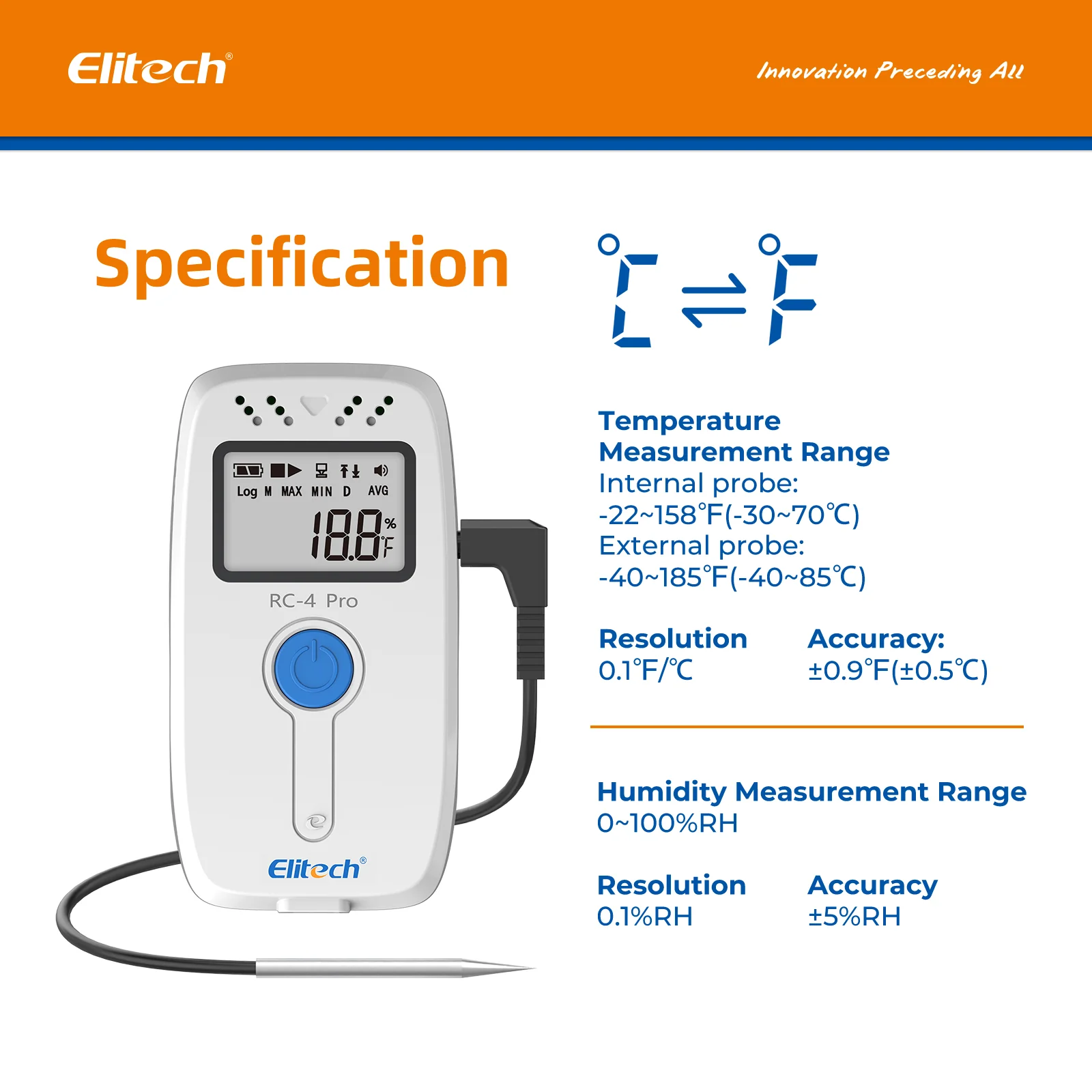 【Pack】Elitech RC-4H Pro PDF USB Digital Temperature Humidity Data Logger Reuseable Recorder DDL 64000 Points High Accuracy, Shadow Data, Built-in Buzzer, Auto PDF CSV Report, Windows/MacOS Software - Image 2