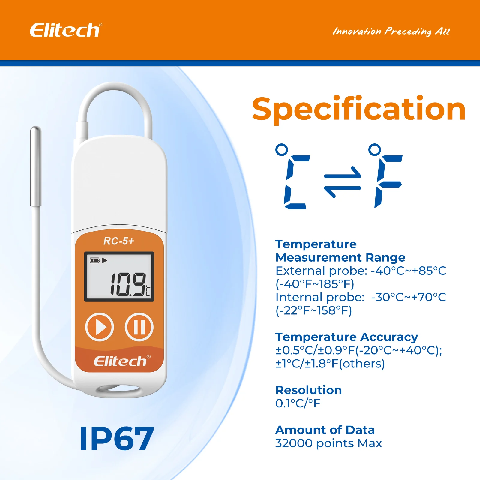 Elitech RC-5+ TE PDF USB Temperature Data Logger with External Probe -40℃~85℃ - Image 2