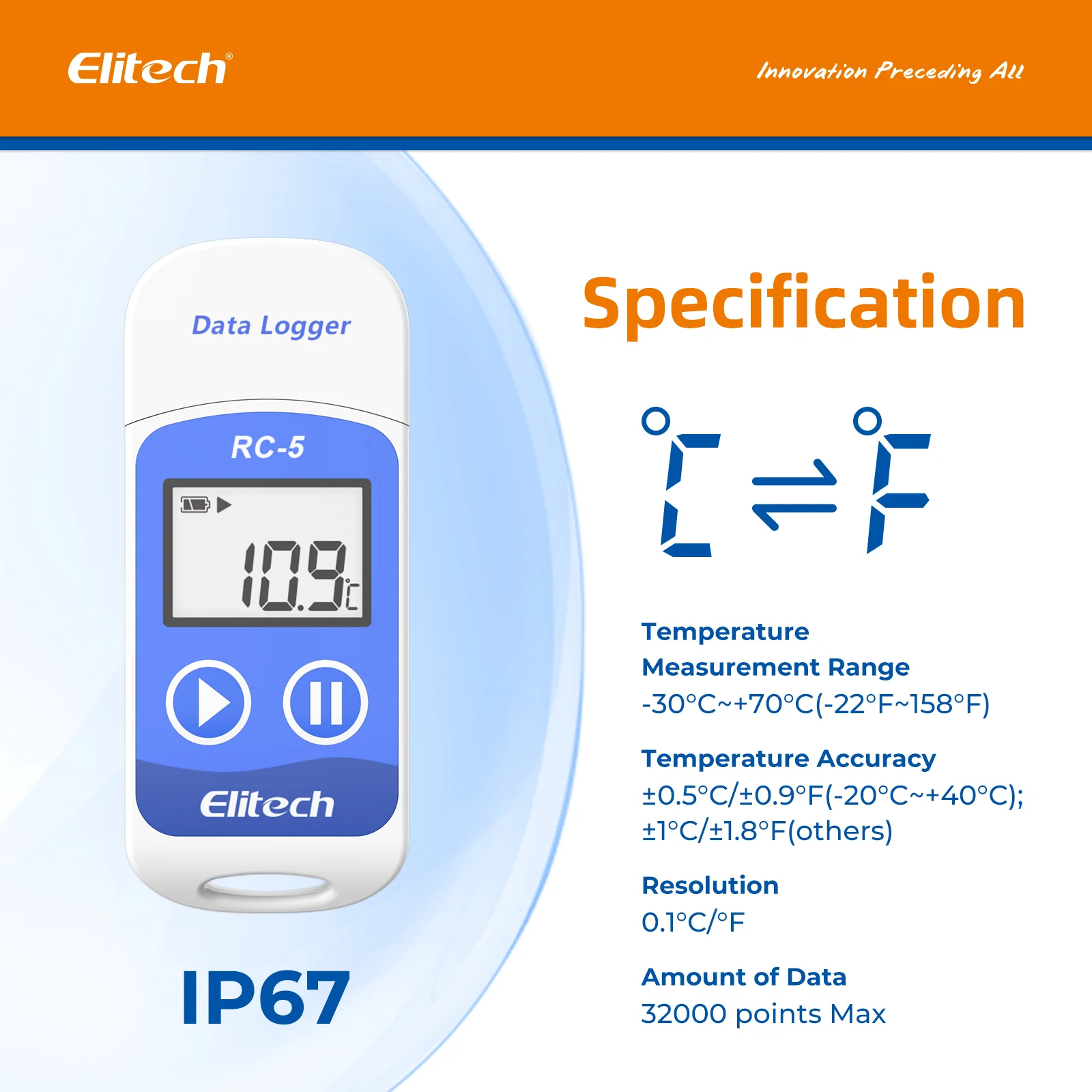 Elitech RC-5 Temperature Data Logger, Data Recorder, USB 2.0 Graphic Report, 32000 Points with Internal Sensor - Image 7
