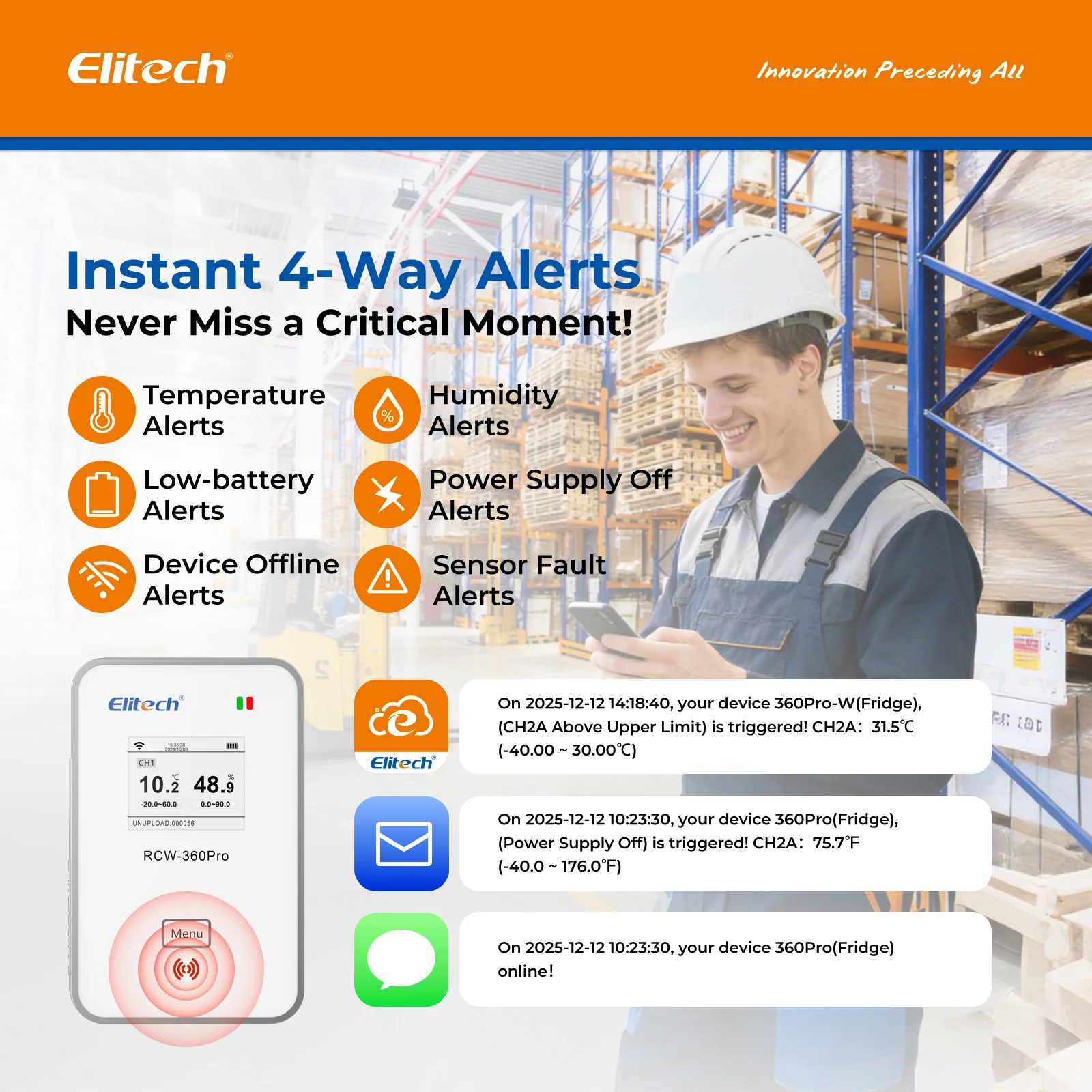 Elitech RCW-360Pro-iCold-WG-DC 4G Cellular & WiFi Temperature Humidity CO2 Sensor Data Logger 100000 Points, 2-Year Subscription Included, 24/7 Monitor, App/Email/Text/Sound Alerts, Cloud Storage, Monitor Anywhere, Anytime - Image 3