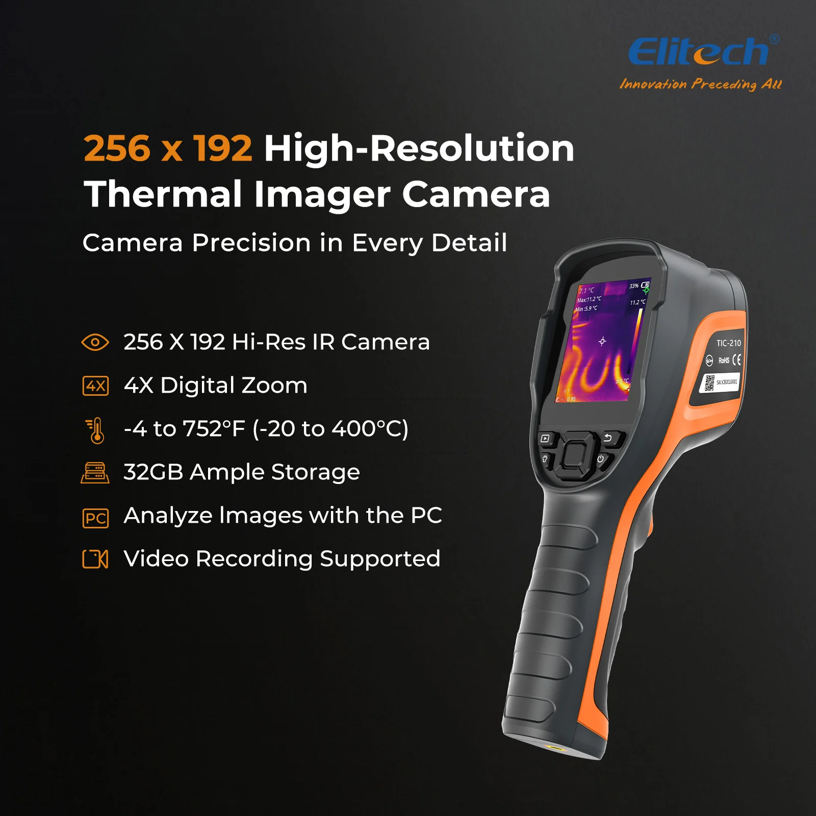 Elitech TIC-210 Handheld Thermal Imaging Camera – Infrared Thermal Imager with 256×192 IR Resolution, Real-Time Video Recording, Emissivity & Temp Alarm Settings, for HVAC, Electrical, Building Inspection - Image 2