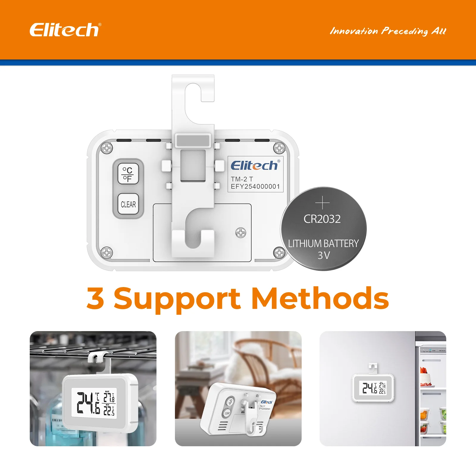 Elitech TM-2T Fridge Thermometer Digital Freeze Refrigerator Thermometer Waterproof Large LCD Display Max/Min Record Function - Image 2