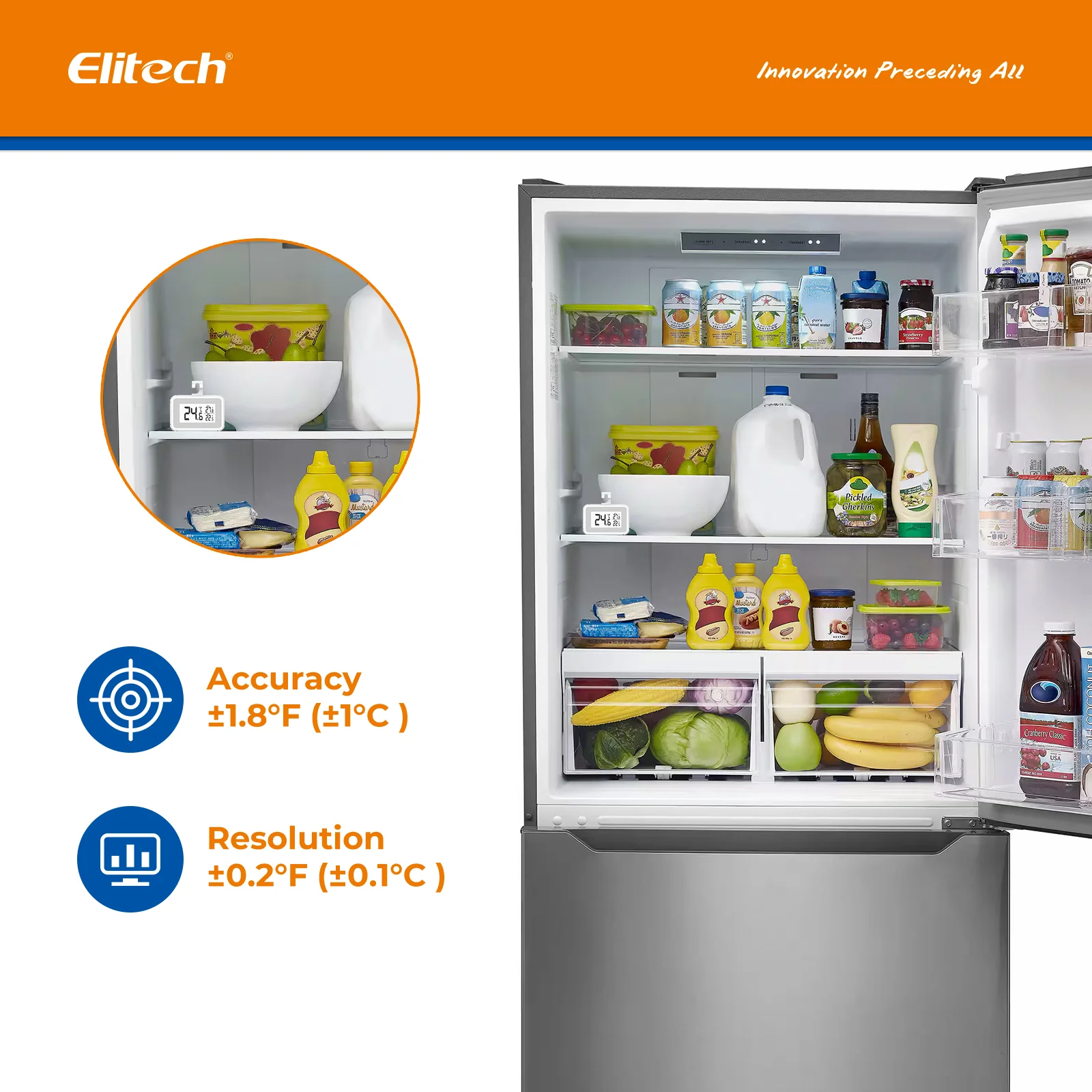 Elitech TM-2T Fridge Thermometer Digital Freeze Refrigerator Thermometer Waterproof Large LCD Display Max/Min Record Function - Image 4