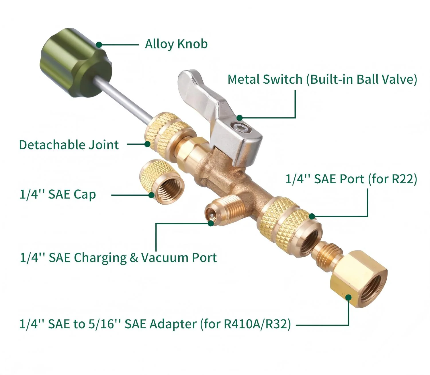 Elitech VCRT-1 Valve Core Removal Installer Tool, AC Schrader Valve Tool with Dual Size SAE 1/4 and 5/16 Port Brass Adapter Compatible with R22 R12 R410 R32 R404 R407 with Valve Cores and Removal Tool - Image 5