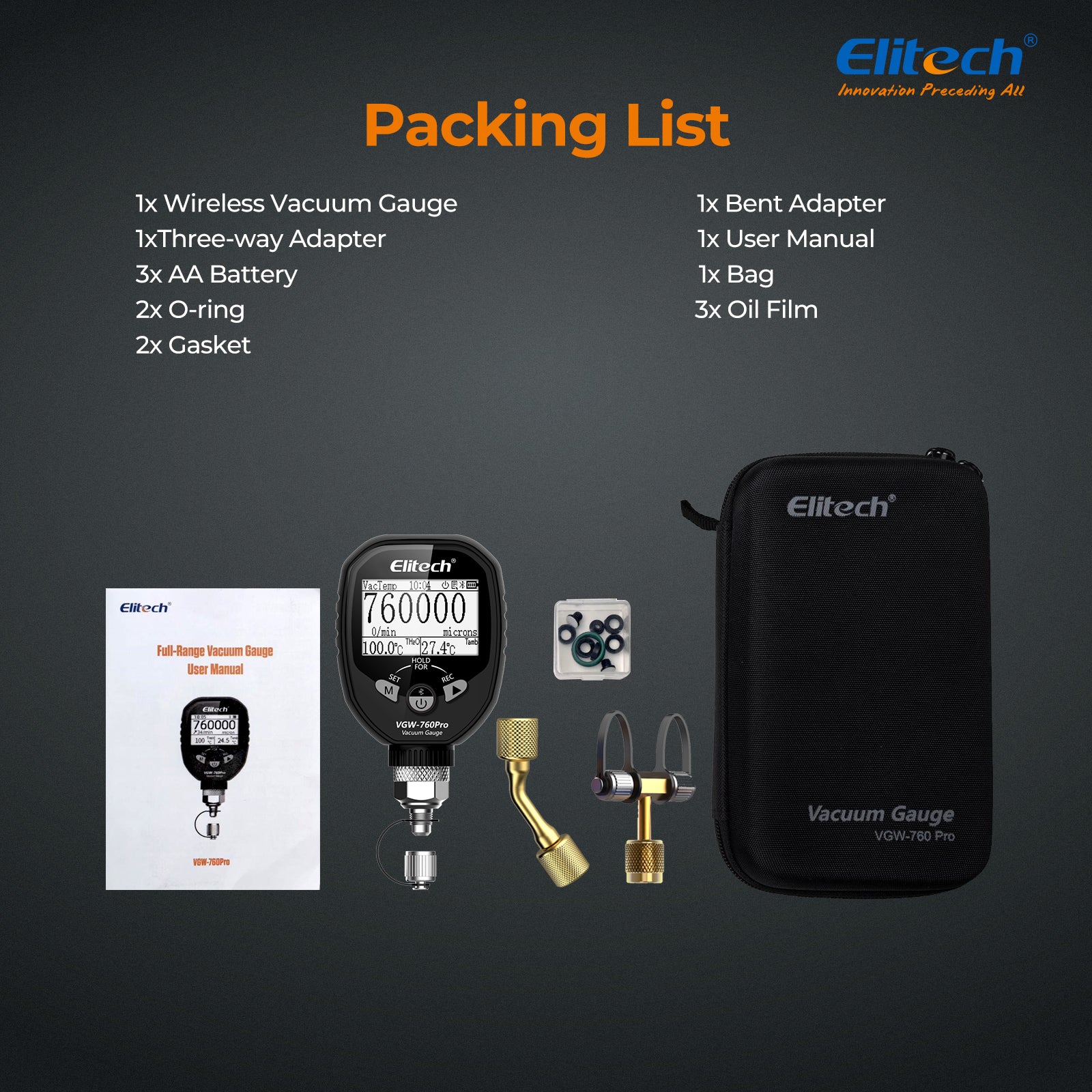 Elitech VGW-760Pro Full-Range Micron Gauge, Wireless Digital Vacuum Gauge with Adaptor Pressure Tester Meter HVAC, Alarms via APP, Offline Recording, 1/4" SAE - Image 6