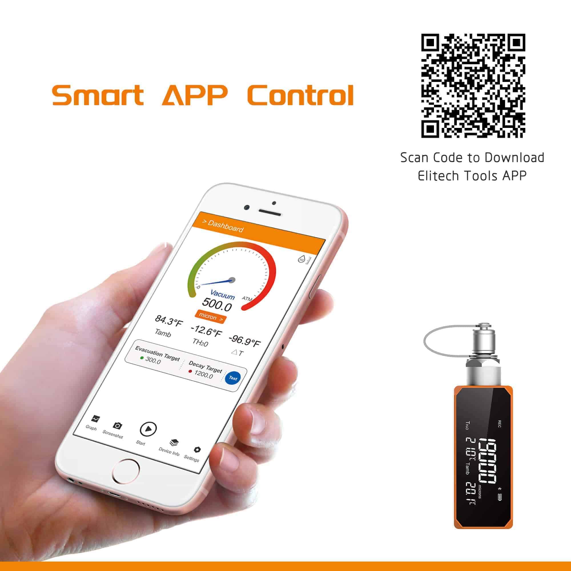 Elitech VGW-mini Wireless Micron Gauge 1~19,000 Microns, Digital Vacuum Gauge for HVAC and automotive 1/4" SAE - Image 3
