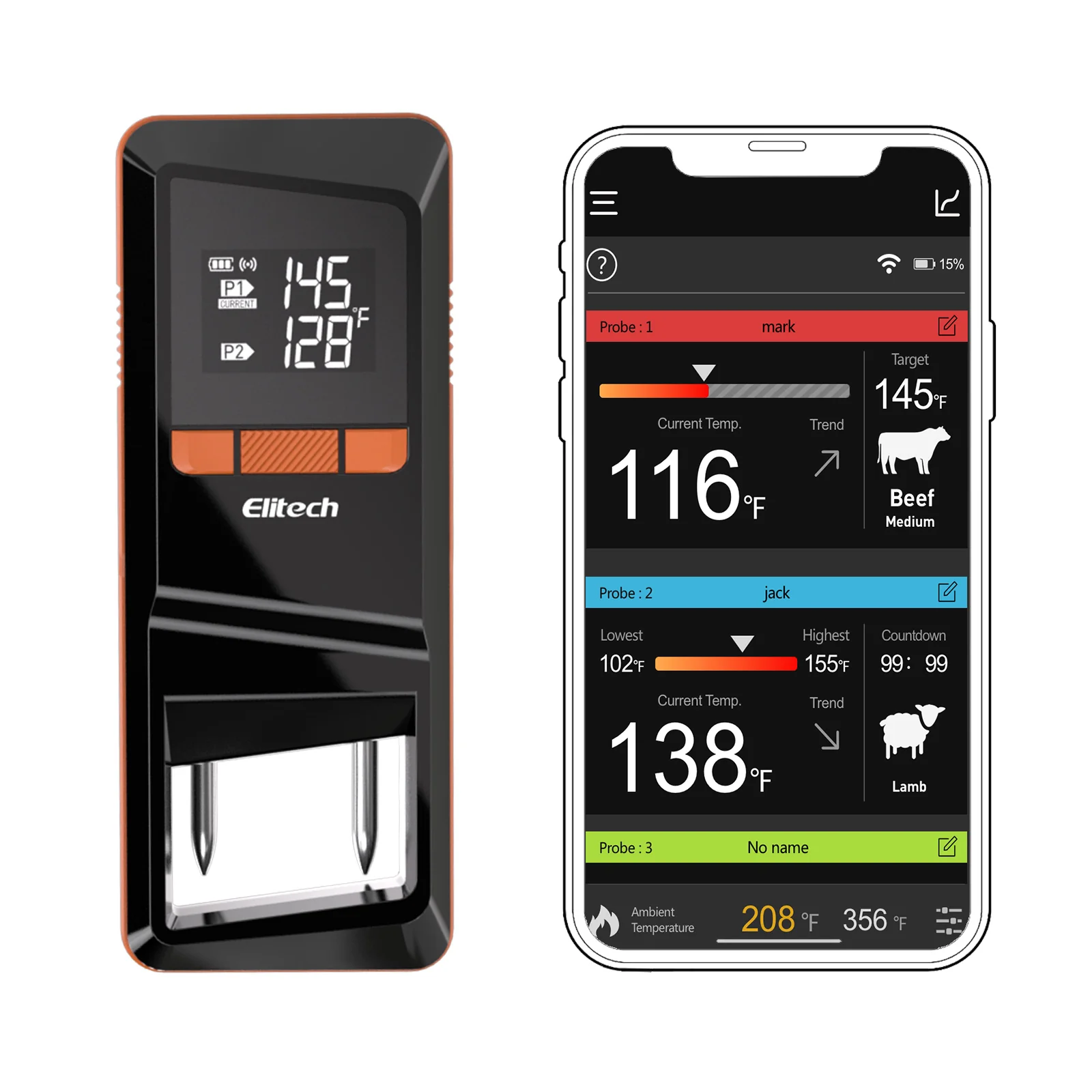 Elitech WMT-20 Wireless Smart Meat Thermometer, Dual-Probe Bluetooth Grill Thermometer with LCD Display and ToGrill App, for Oven, BBQ, Kitchen, and Outdoor Cooking
